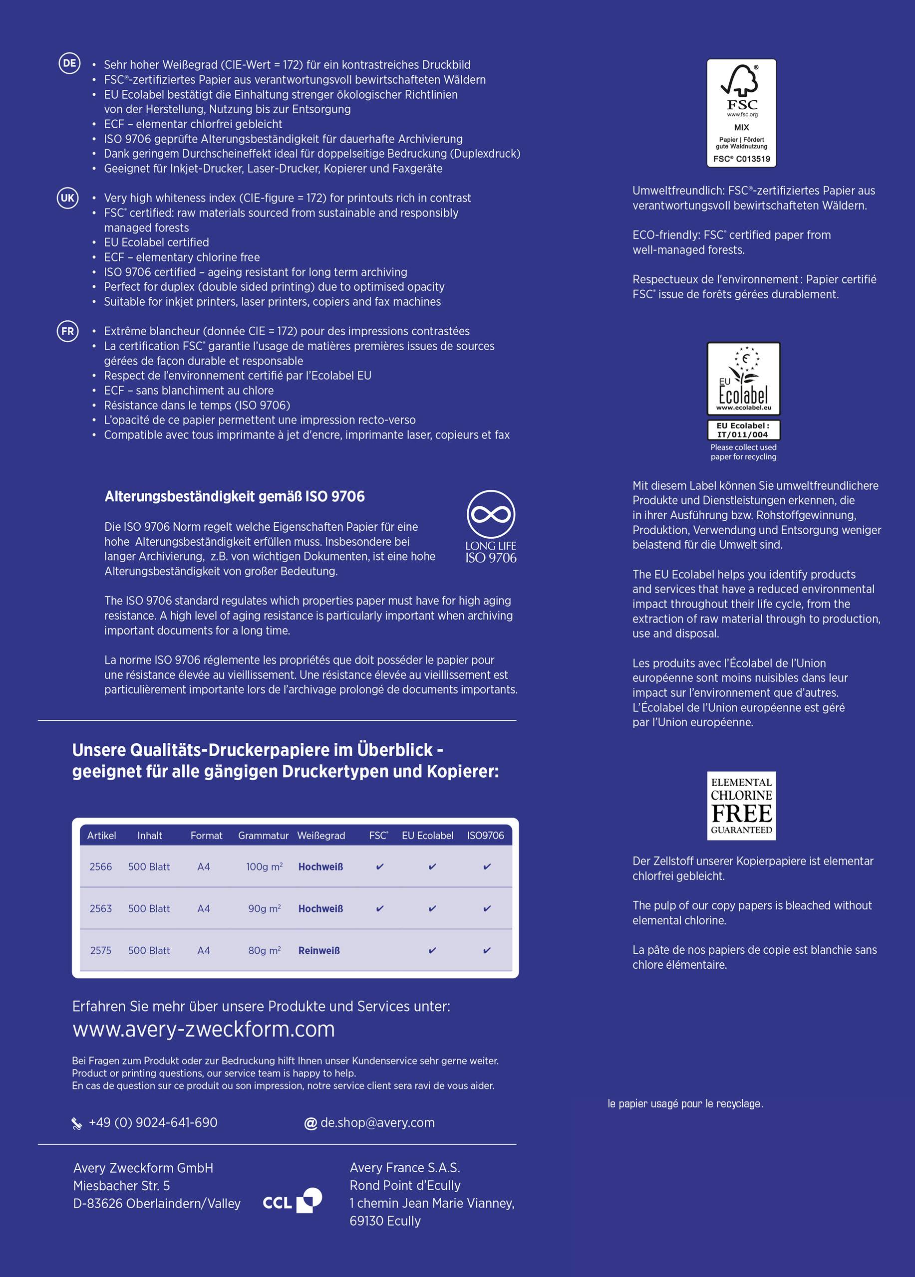 Avery-Zweckform PAPIER 100 Premium Quality Paper 2566 Universal Druckerpapier Kopierpapier DIN A4 100 g/m² 500 Blatt Hochweiß