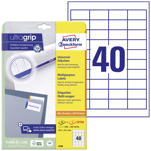 Avery-Zweckform 4780 Etiquette universelles 48.5 x 25.4 mm papier blanc 1200 pc(s) fixation permanente imprimante à jet d'encre