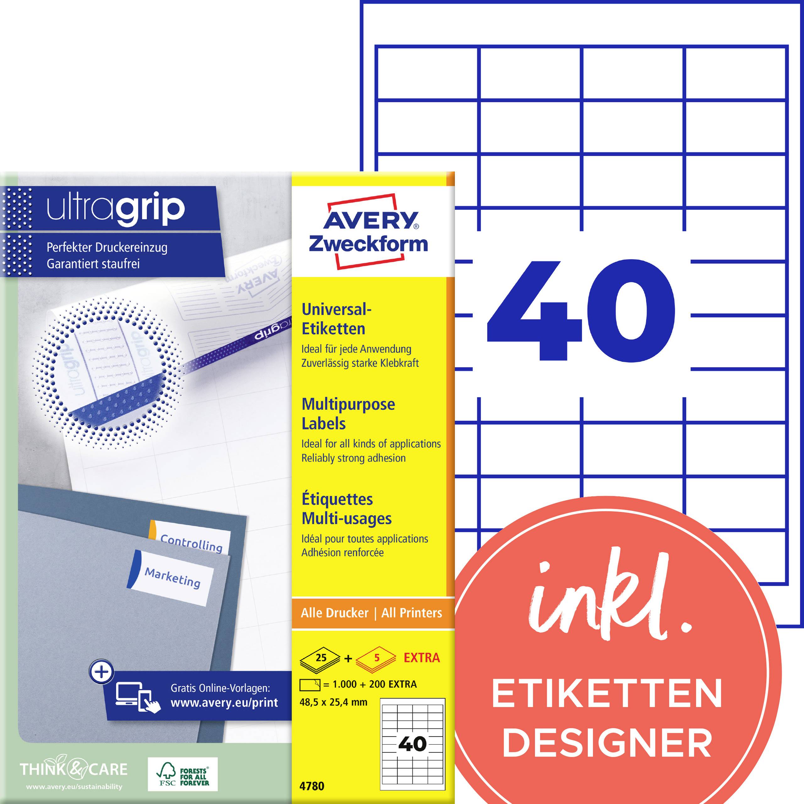 Avery Zweckform Universaletikett-Paket mit 40 Etiketten, mit 'inkl. ETIKETTEN DESIGNER' und mehreren Produktbildern von Etikettenbogen.