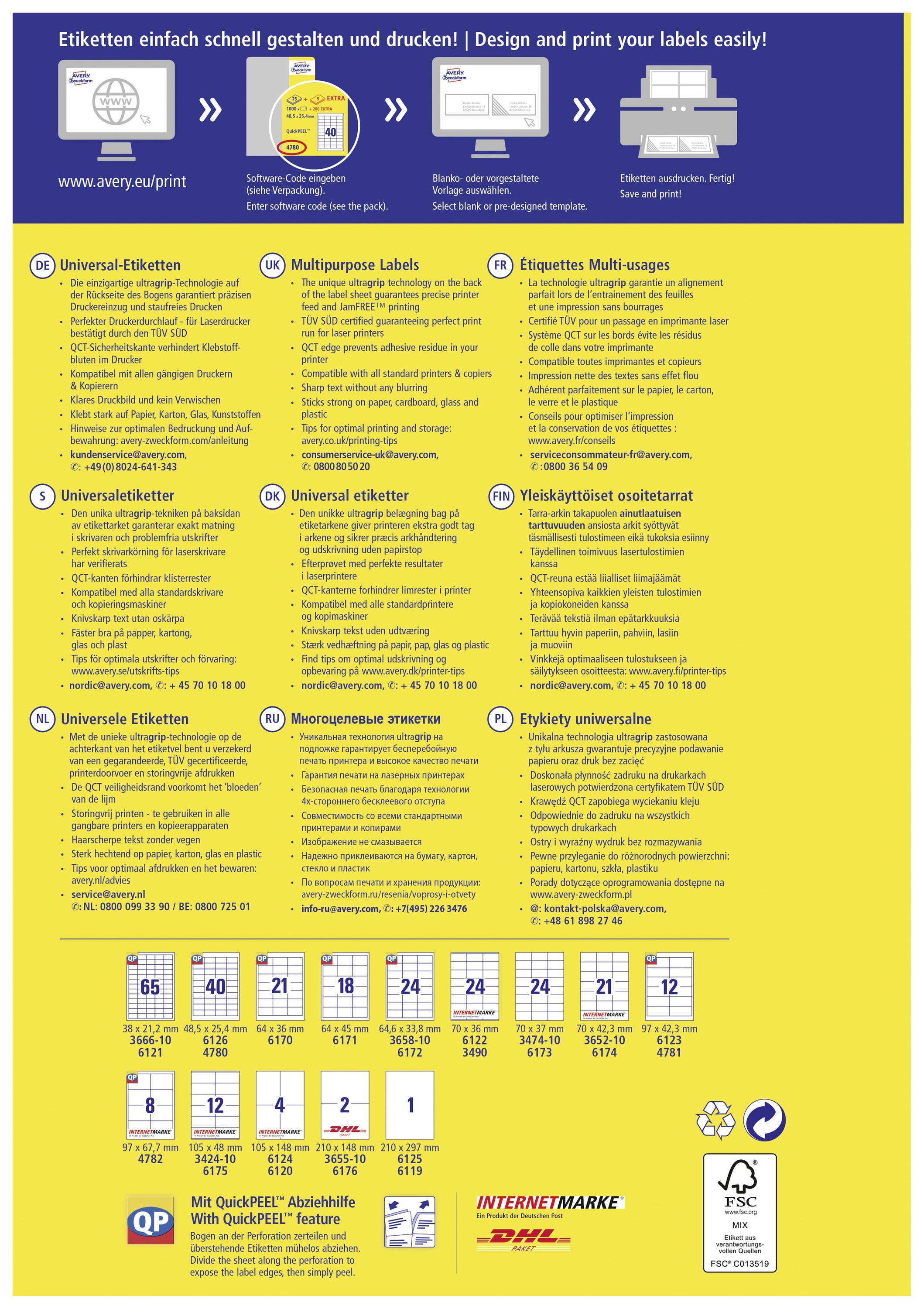 Avery-Zweckform 4780 Universal-Etiketten 48.5 x 25.4mm Papier Weiß 1200 St. Permanent haftend Tintenstrahldrucker, Laserdrucker