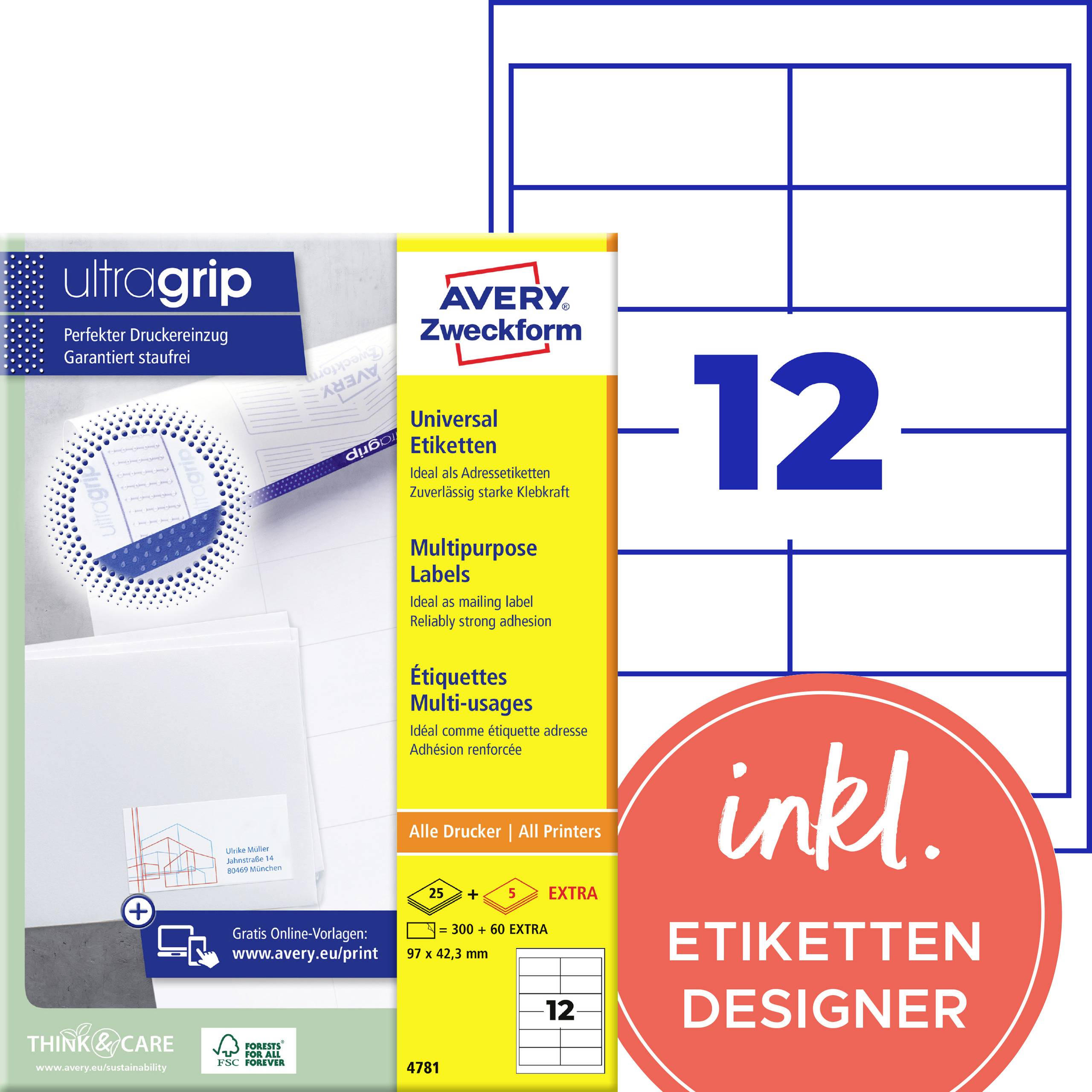 Avery Zweckform Universaletiketten Paket für alle Drucker, zeigt 12 große Etiketten und "inkl. Etiketten Designer" auf der Verpackung.