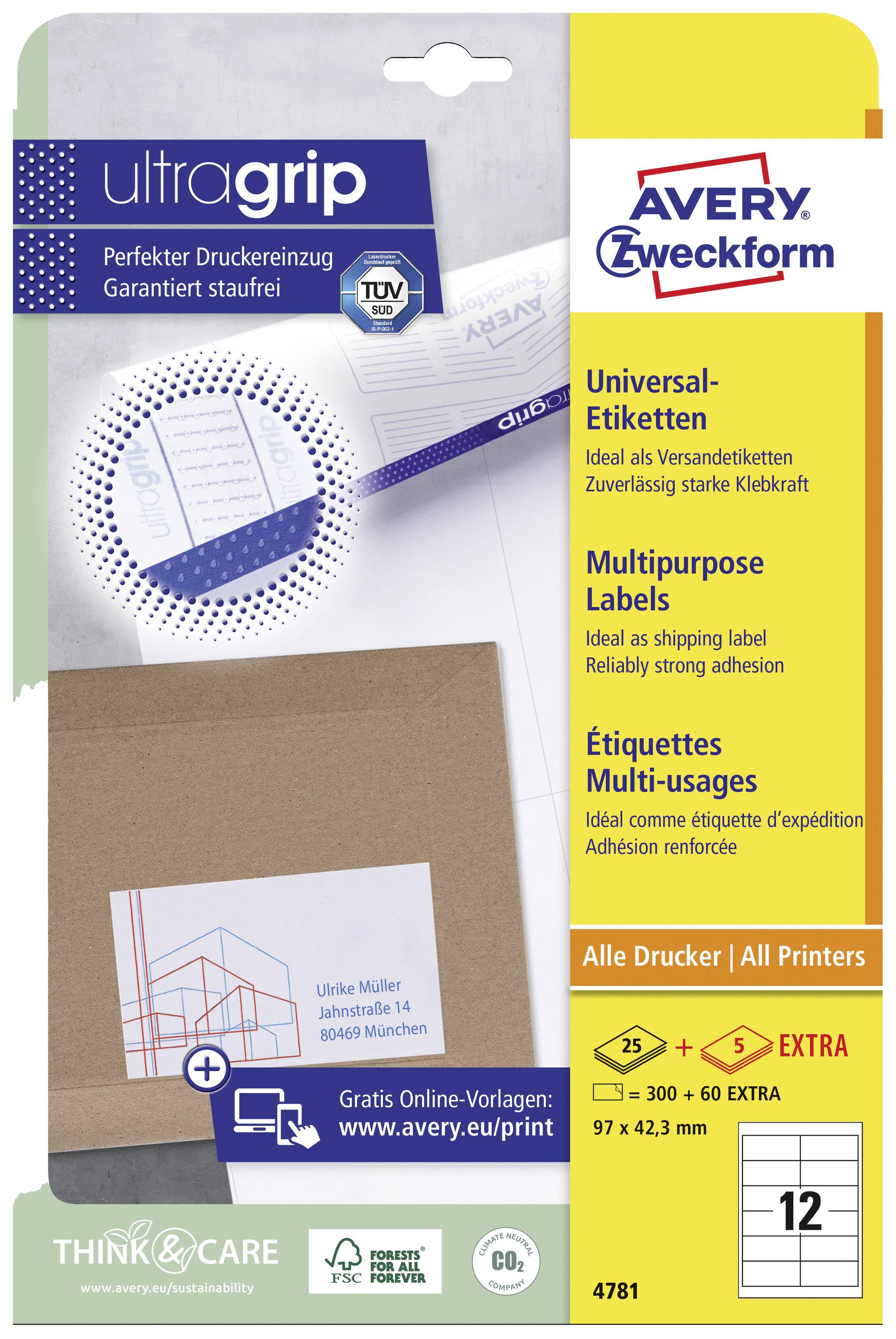 Avery-Zweckform 4781 Universal-Etiketten 97 x 42.3mm Papier Weiß 360 St. Permanent haftend Tintenstrahldrucker, Laserdrucker