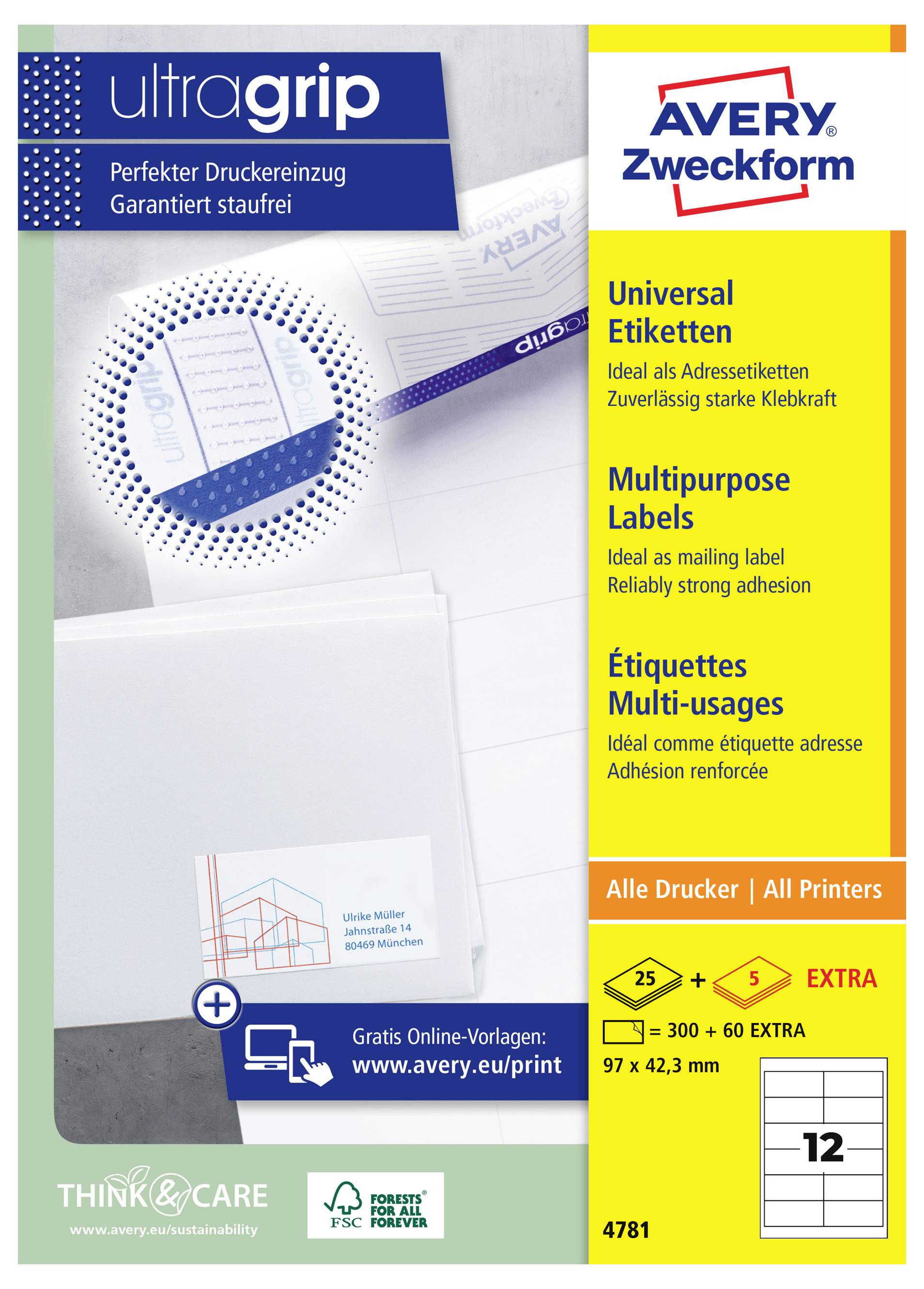 Avery Zweckform ultragrip Adressetiketten Paket für alle Drucker, zeigt universelle Mehrzwecketiketten mit starker Haftung und Größe 97 x 42,3 mm, 12 Etiketten pro Blatt.