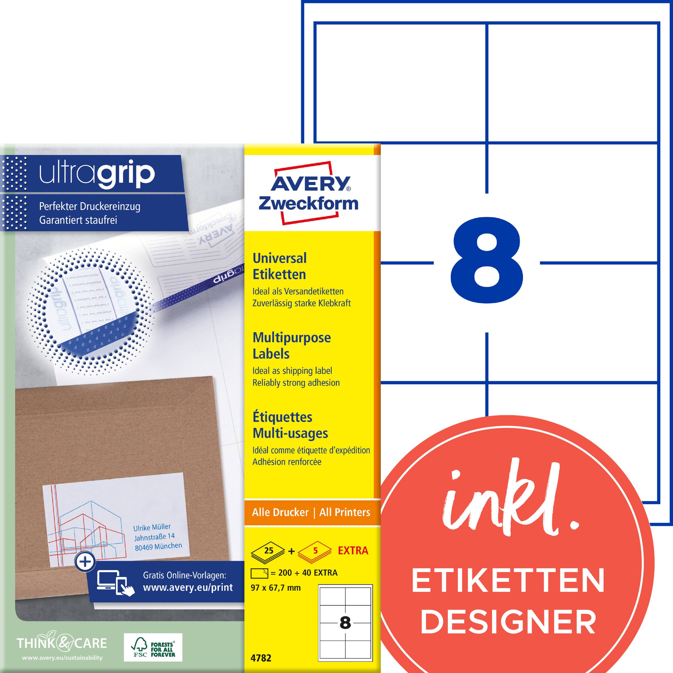 Avery Zweckform Ultragrip Universaletiketten-Paket, Größe 97 x 67,7 mm, für alle Drucker, mit 8 Etiketten pro Blatt und 'inkl. ETIKETTEN DESIGNER'.
