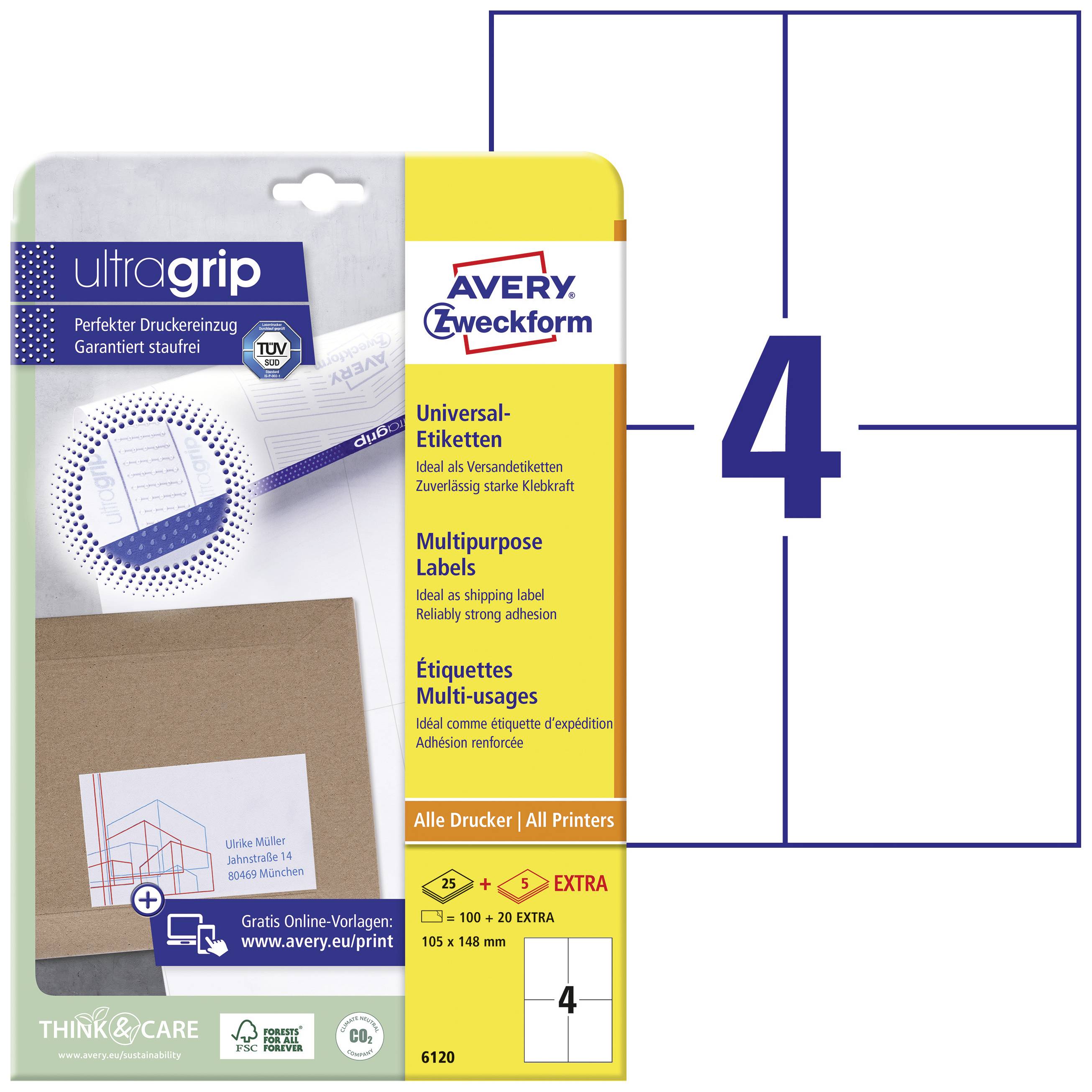 Packung Avery Zweckform Universal-Etiketten, Größe 105 x 148 mm, geeignet für alle Drucker. Abgebildet: Beispiel eines Etiketts.