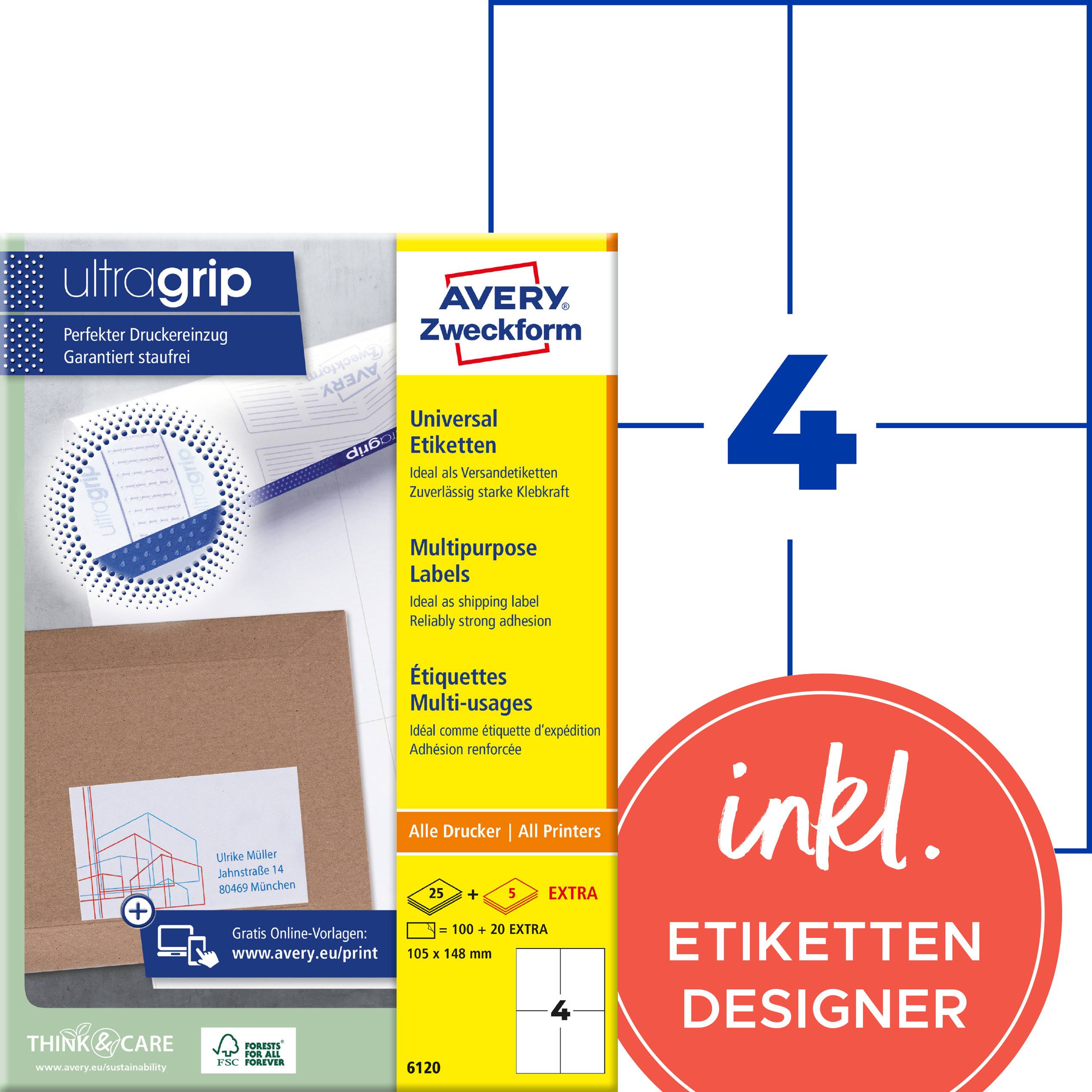 Verpackung für Avery Zweckform universelle Mehrzweck-Etiketten, 105 x 148 mm, 4 Blatt enthalten, mit 'inkl. Etiketten Designer' Abzeichen.