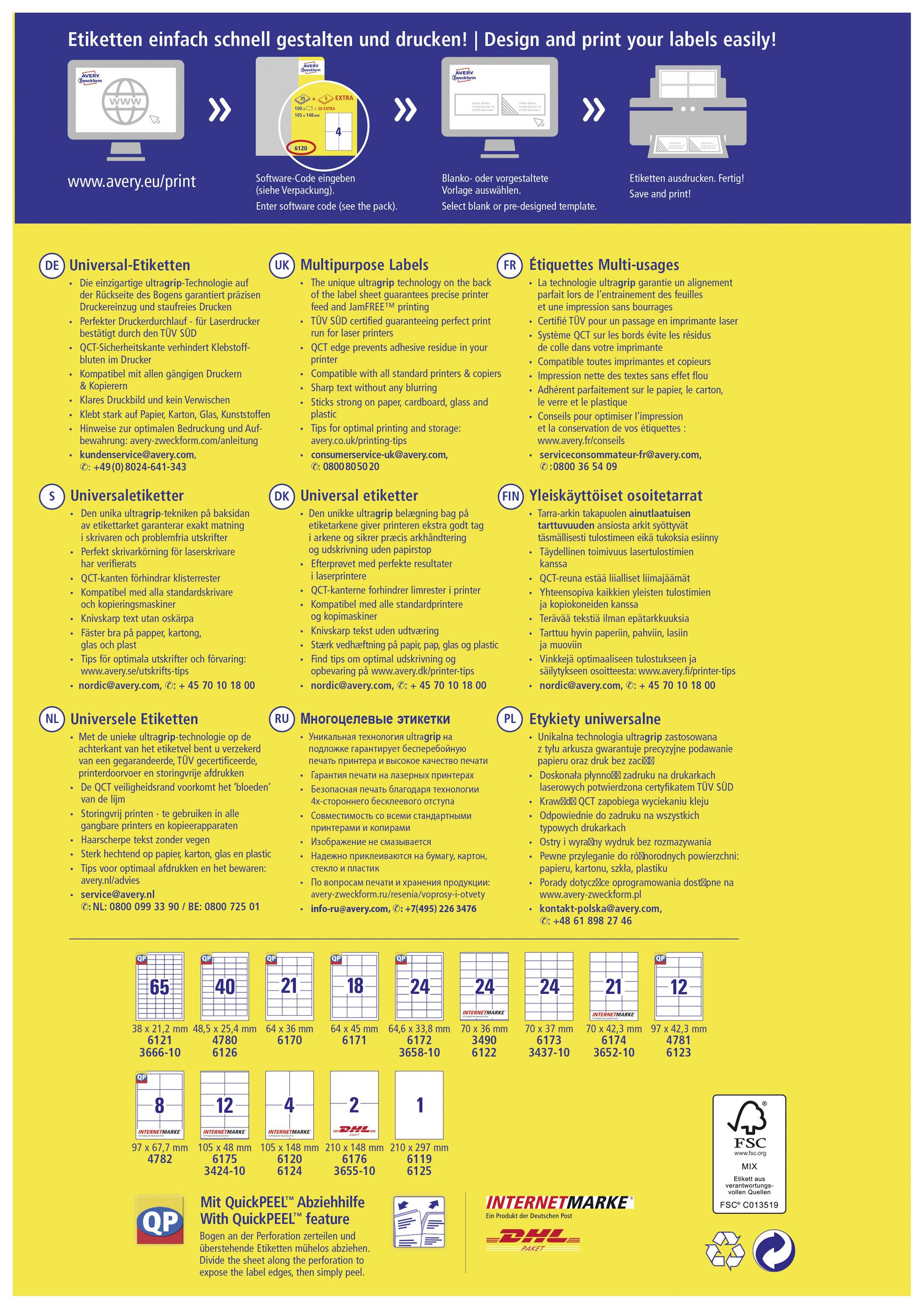 Avery-Zweckform 6120 Universal-Etiketten 105 x 148mm Papier Weiß 120 St. Permanent haftend Tintenstrahldrucker, Laserdrucker