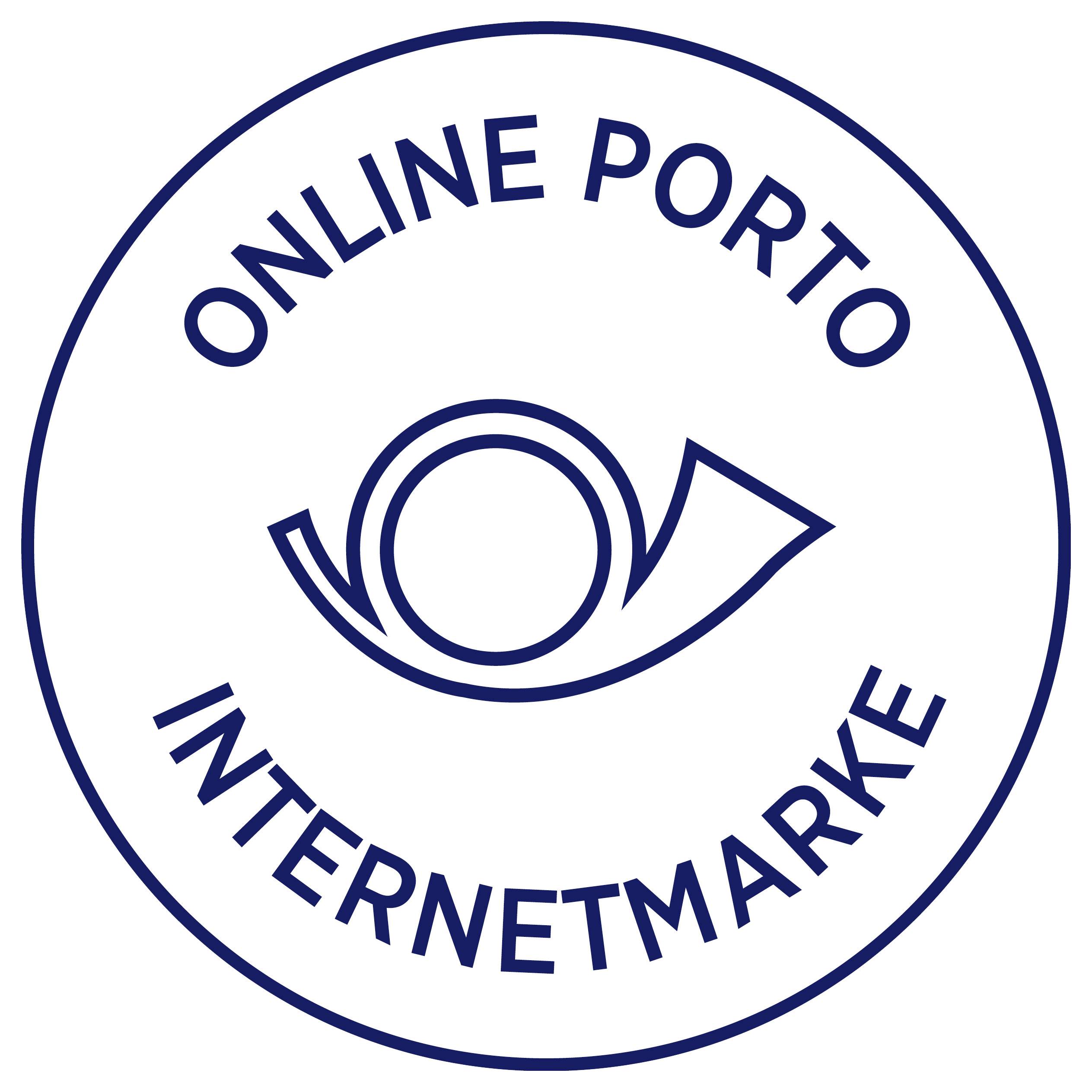 Logo 'ONLINE PORTO INTERNETMARKE' in blauem Kreis, stilisierte Wellen-/Pfeilgrafik in der Mitte.