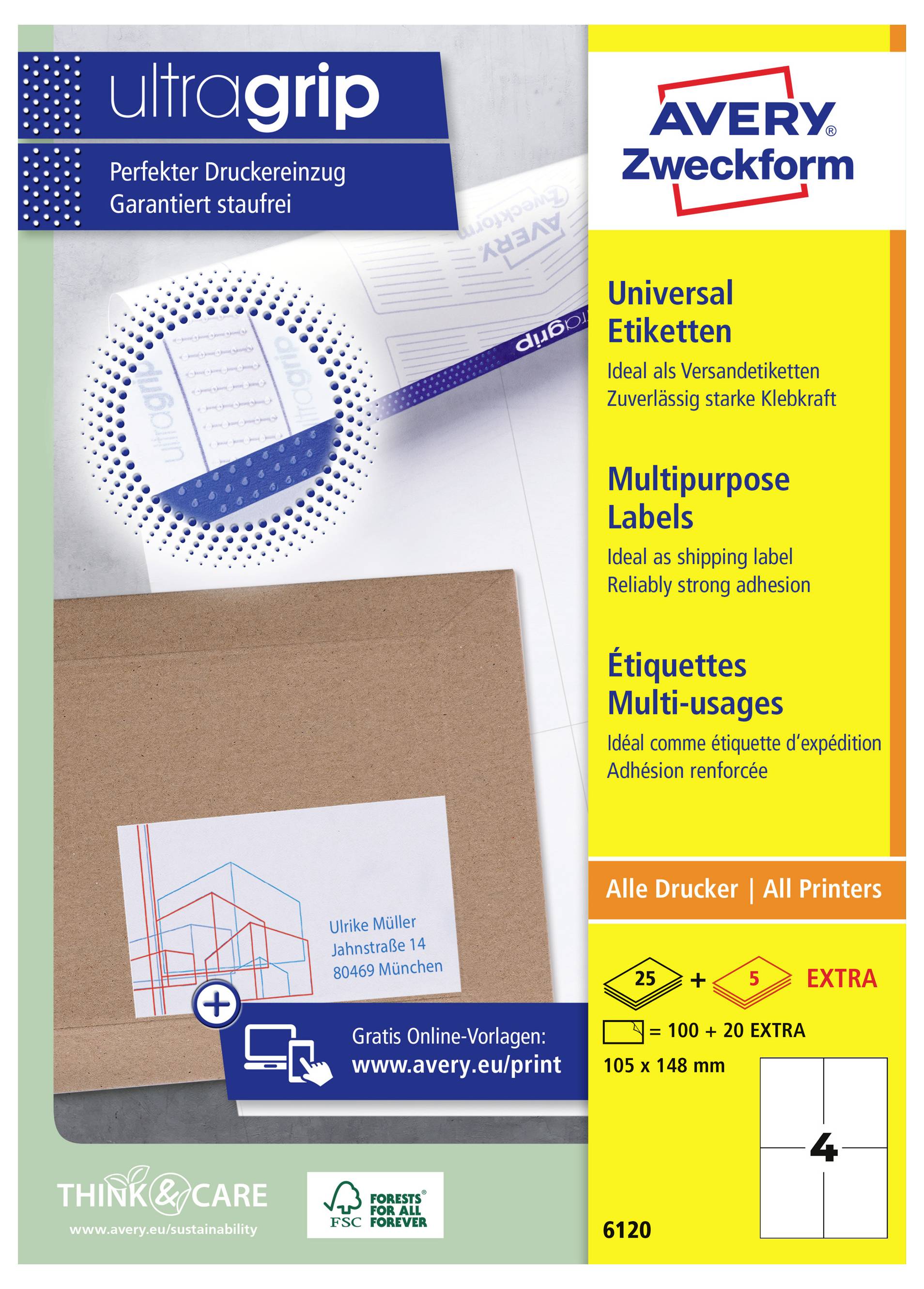 Avery Zweckform 'ultragrip' Universal-Versandetiketten-Paket, zeigt Mehrzwecketiketten für alle Drucker mit starker Haftung und Größe von 105 x 148 mm.
