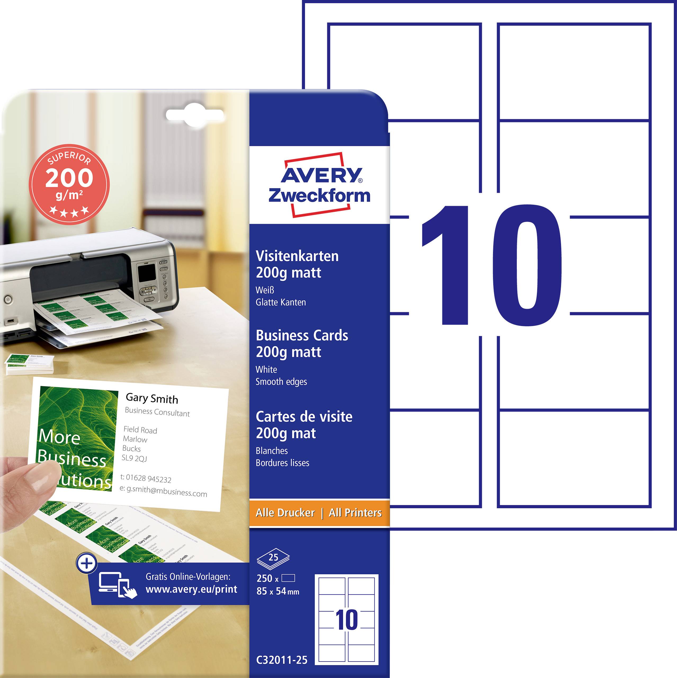 Avery Zweckform Visitenkartenpapier-Pack mit 10 bedruckbaren Karten pro Blatt, 200 g/m² matte weiß, mit einer Beispielvisitenkarte und Drucker.