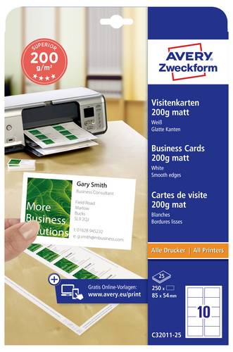Avery-Zweckform C32011-25 Bedruckbare Visitenkarten, glatte Kanten 85 x 54 mm Weiß 250 St. Papierfo