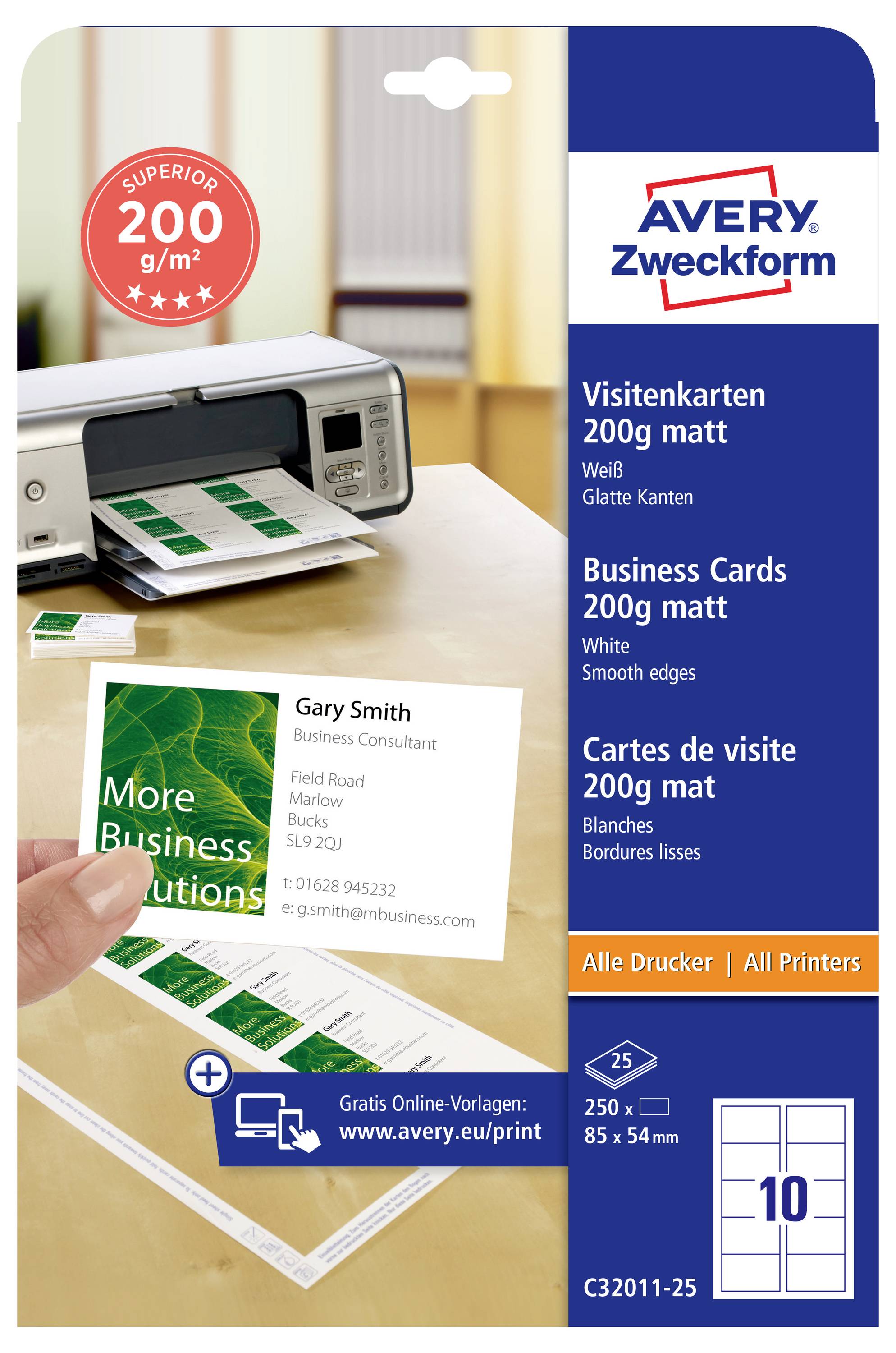 Avery Zweckform Visitenkartenpapierpakete mit 200 g/m² mattweiße Karten für alle Drucker, mit Beispielen bedruckter Karten und einem Drucker.