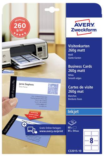 Avery-Zweckform C32015-10 Bedruckbare Visitenkarten, glatte Kanten 85 x 54 mm Weiß 80 St. Papierfor
