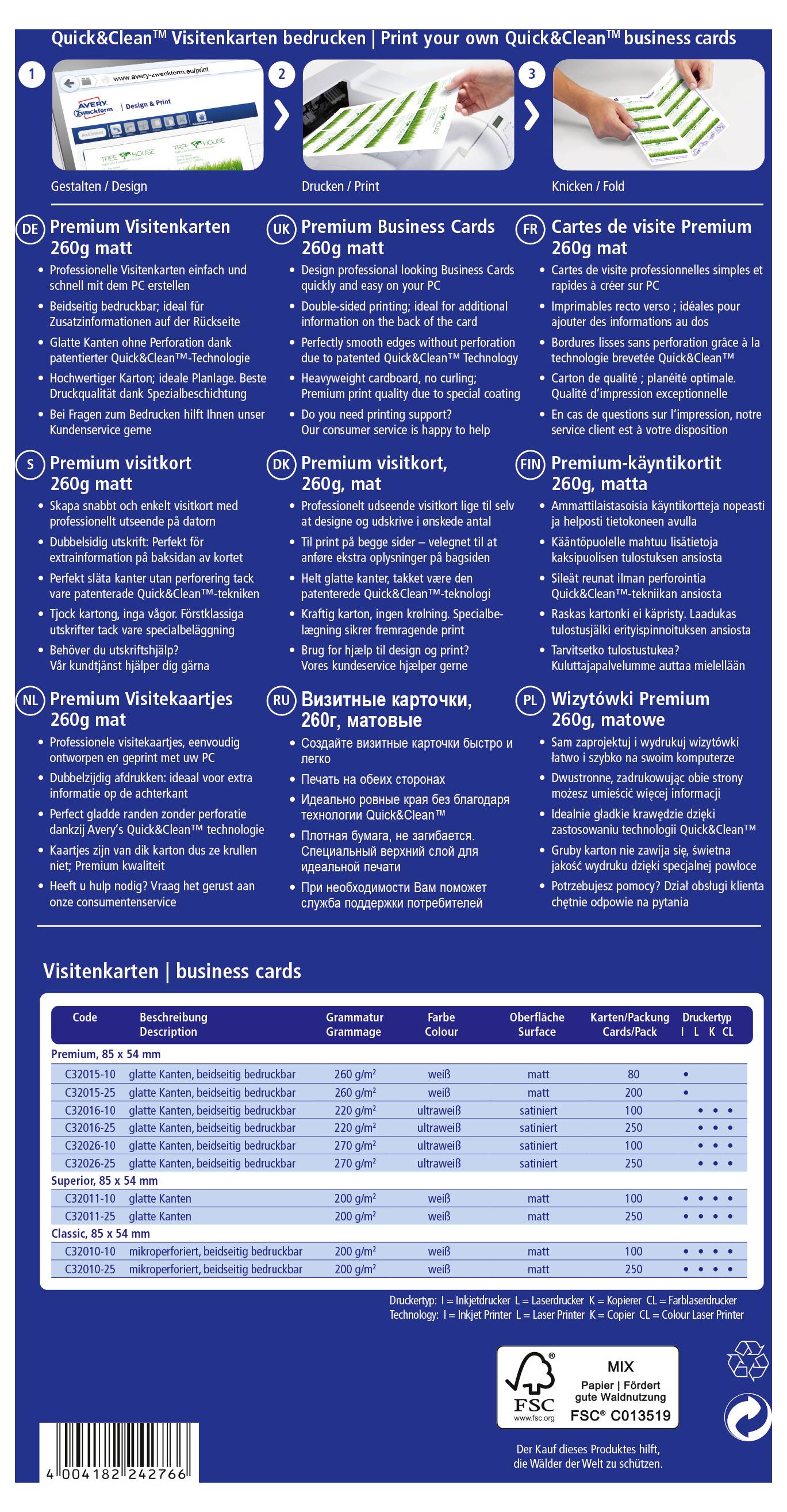 Blaue Broschüre mit Werbung für "Drucken Sie Ihre eigenen QuickClean-Visitenkarten" mit drei Schritt-Bildern, Produktoptionen, einer Größen-/Spezifikationstabelle und FSC-/Recycling-Logos.