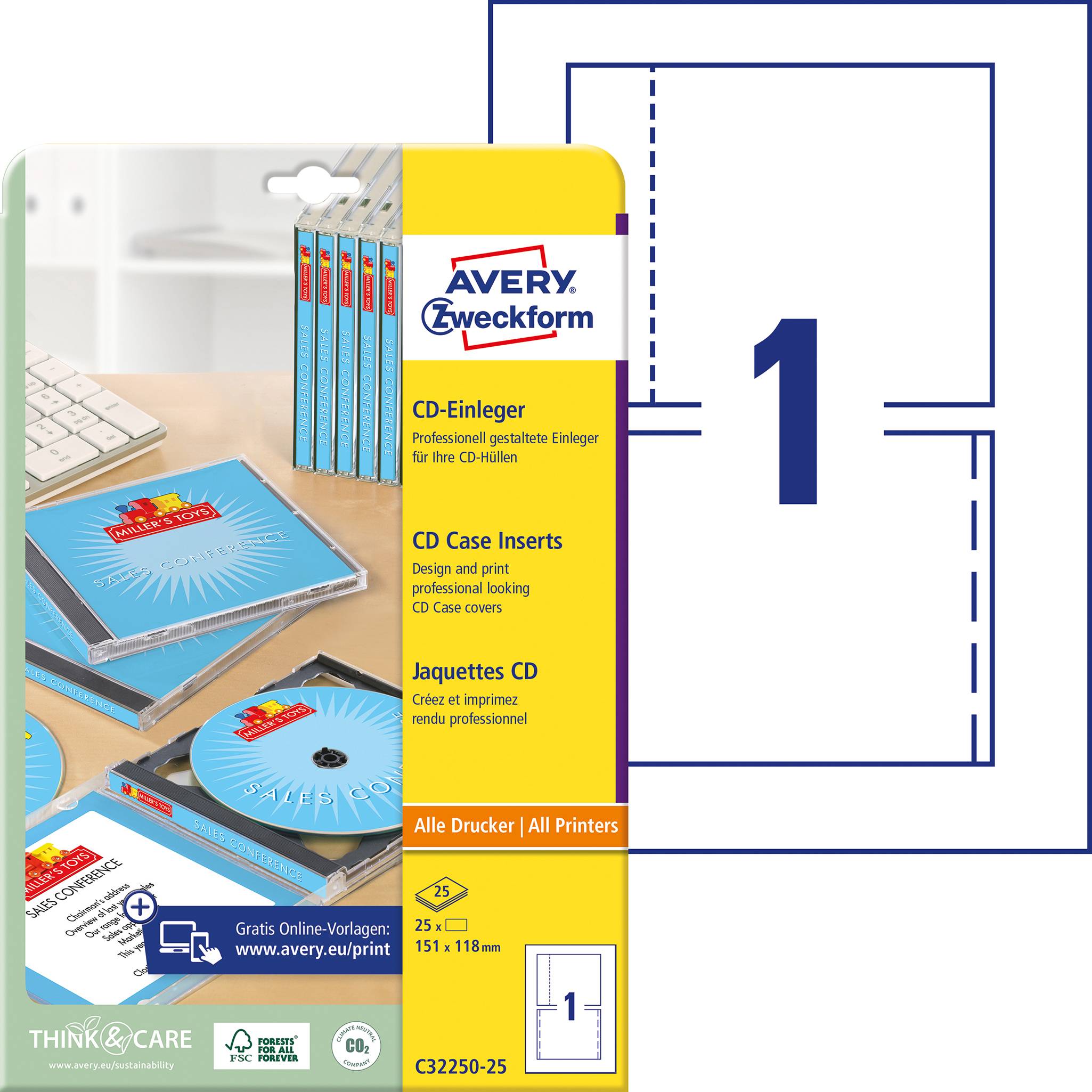 Avery-Zweckform CD Box Einleger C32250-25 (B x H) 151 mm x 118 mm Weiß 25 St. Tinte, Laser, Kopie