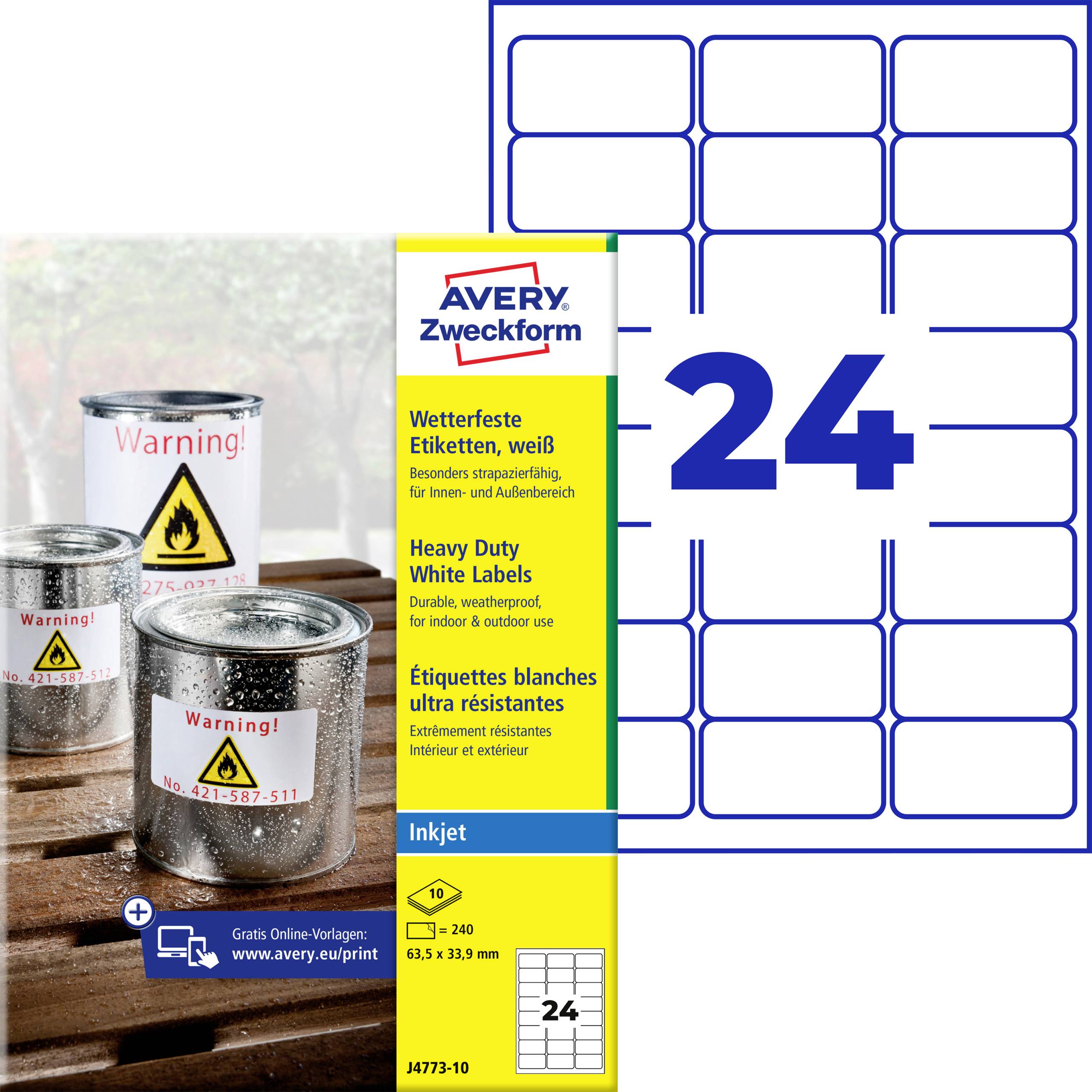 Avery Zweckform Etikettenbogen-Paket mit 24 weißen, strapazierfähigen Tintenstrahl-Etiketten, Größe 63,5 x 33,9 mm, mit einer Vorschau von Dosen mit der Aufschrift „Warnung!"