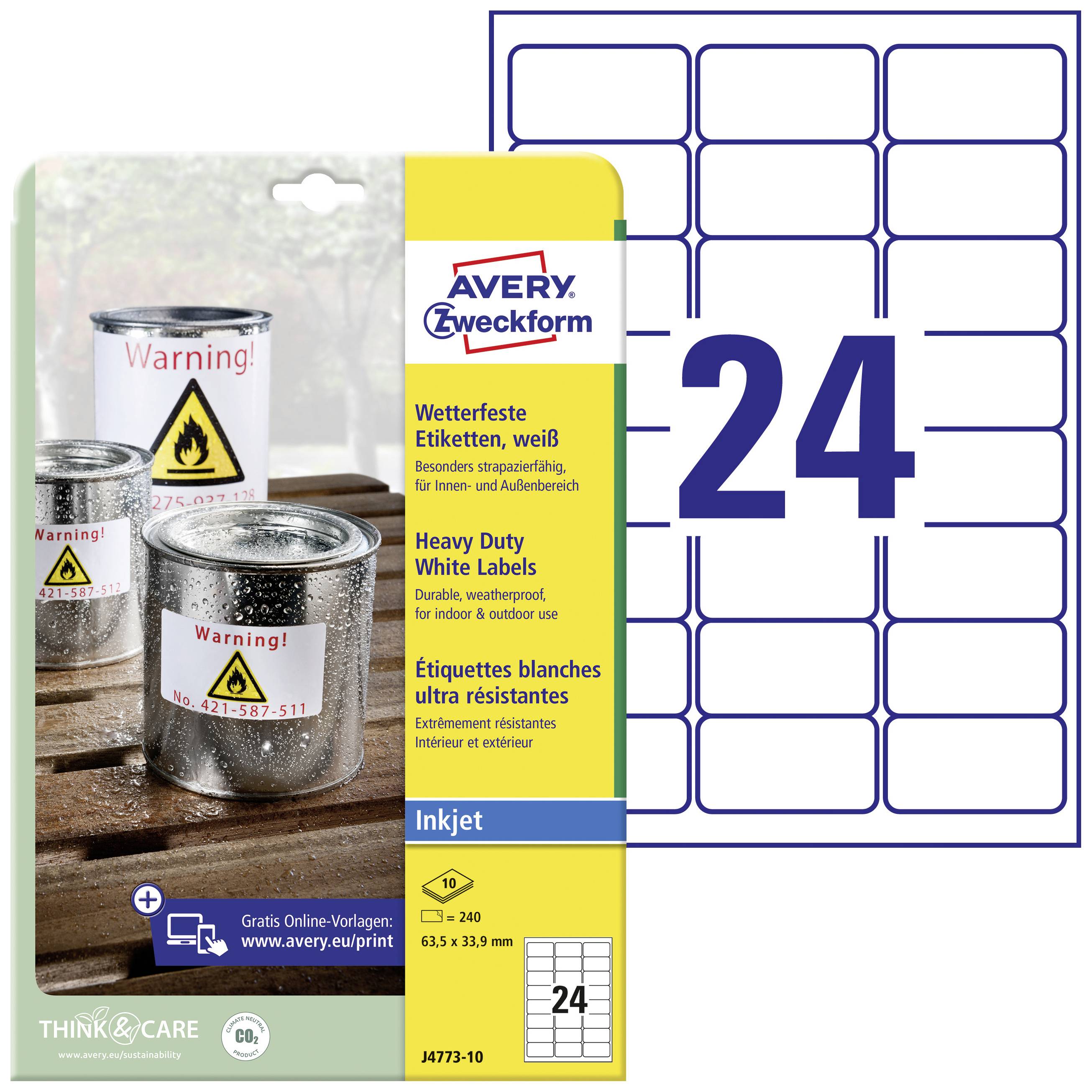 Avery-Zweckform J4773-10 Folien-Etiketten 63.5 x 33.9mm Polyester-Folie Weiß 240 St. Permanent haftend Tintenstrahldrucker