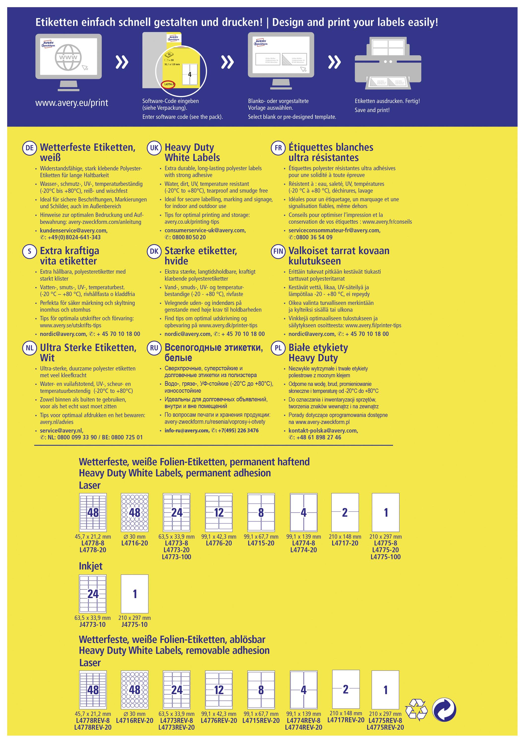 Avery-Zweckform J4773-10 Folien-Etiketten 63.5 x 33.9mm Polyester-Folie Weiß 240 St. Permanent haftend Tintenstrahldrucker