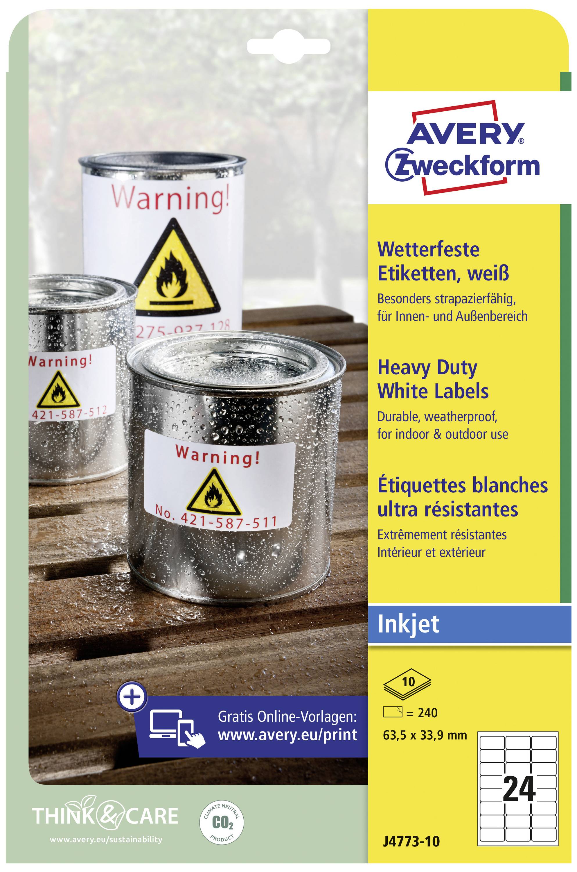 Avery-Zweckform J4773-10 Folien-Etiketten 63.5 x 33.9mm Polyester-Folie Weiß 240 St. Permanent haftend Tintenstrahldrucker