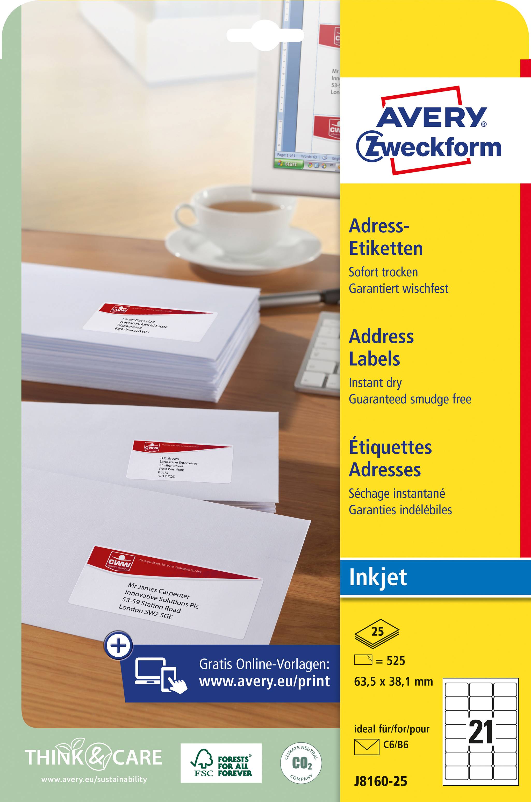 Avery-Zweckform J8160-25 Adress-Etiketten 63.5 x 38.1 mm Papier Weiß 525 St. Permanent haftend Tintenstrahldrucker, Handbeschriftung