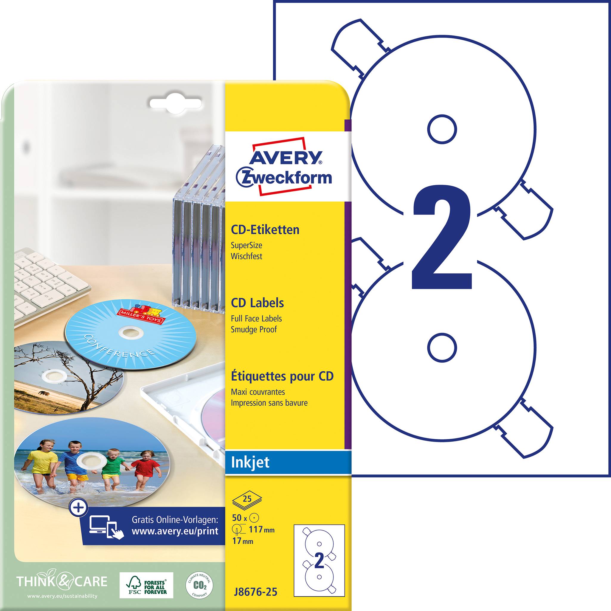 Avery-Zweckform CD-Etiketten J8676-25 Ø 117mm Papier Weiß 50 St. Permanent Fotoqualität, Blickdicht, Bis Kernloch bedruckbar