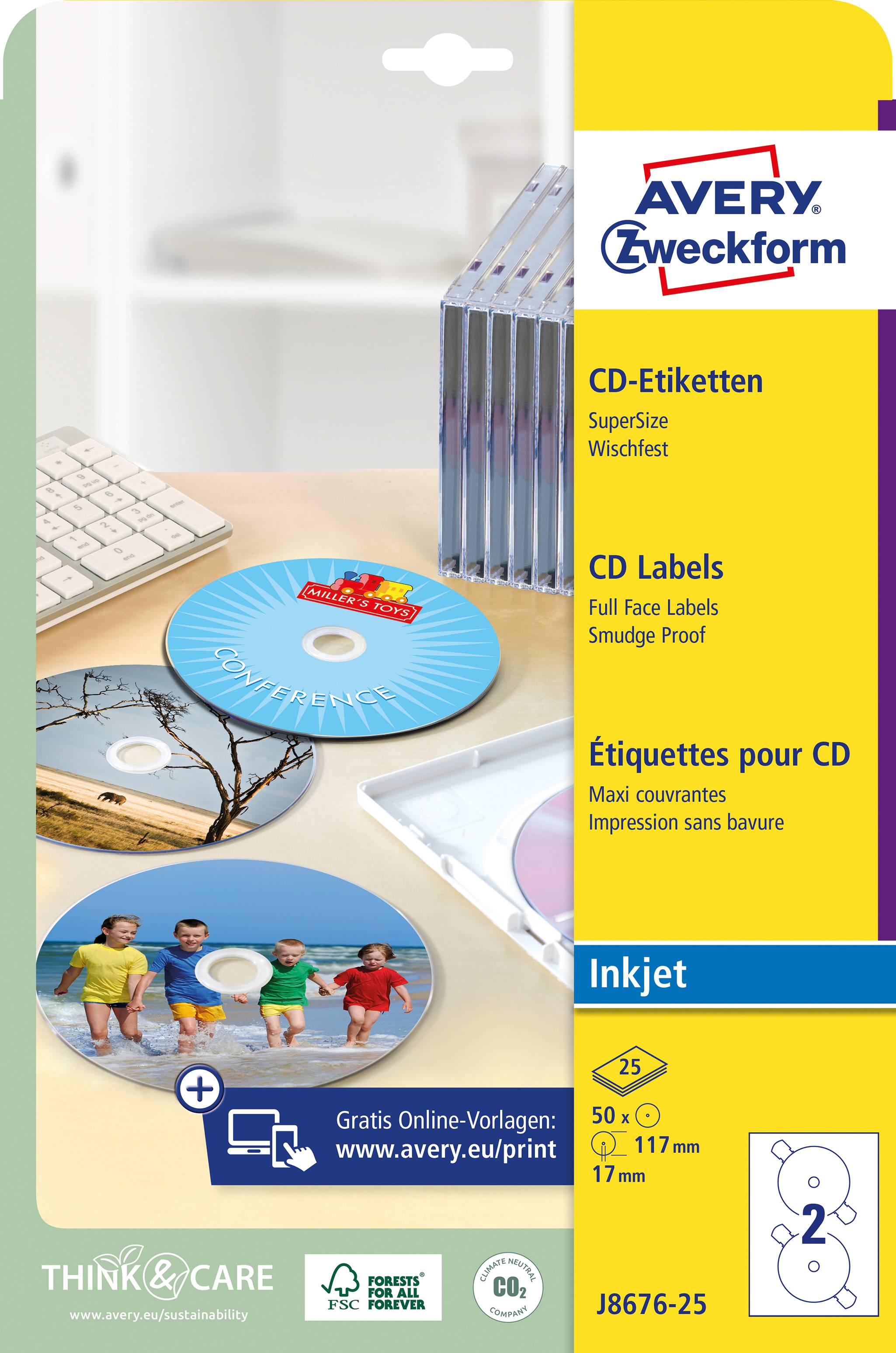 Avery-Zweckform CD-Etiketten J8676-25 Ø 117mm Papier Weiß 50 St. Permanent Fotoqualität, Blickdicht, Bis Kernloch bedruckbar