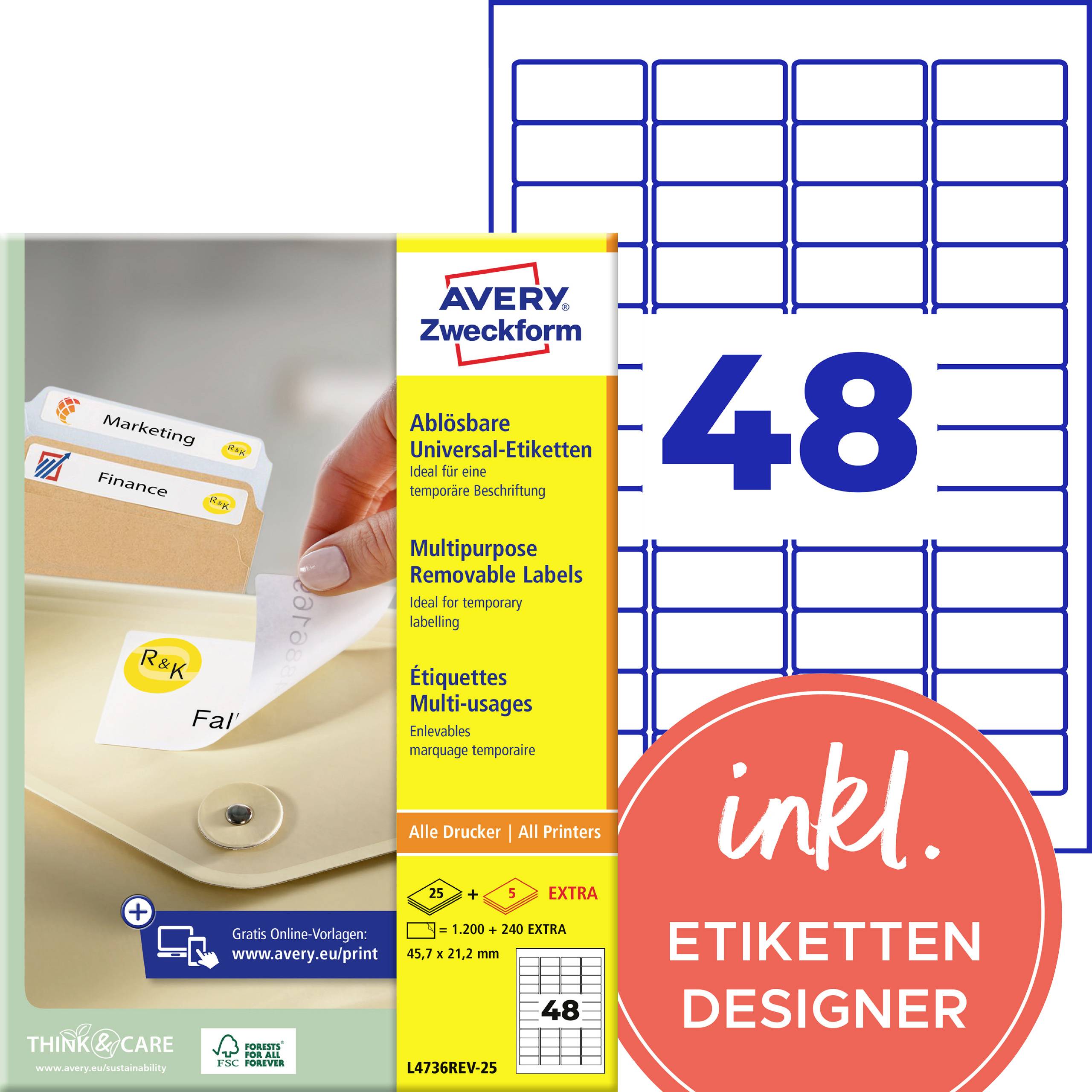 Avery Zweckform Etikettensortiment mit 48 selbstklebenden Etiketten, universelle abnehmbare Etiketten für alle Drucker, mit enthaltenem Etiketten-Designer.