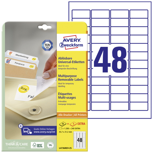 Avery-Zweckform L4736REV-25 Universal-Etiketten 45.7 x 21.2mm Papier Weiß 1440 St. Wiederablösbar Tintenstrahldrucker