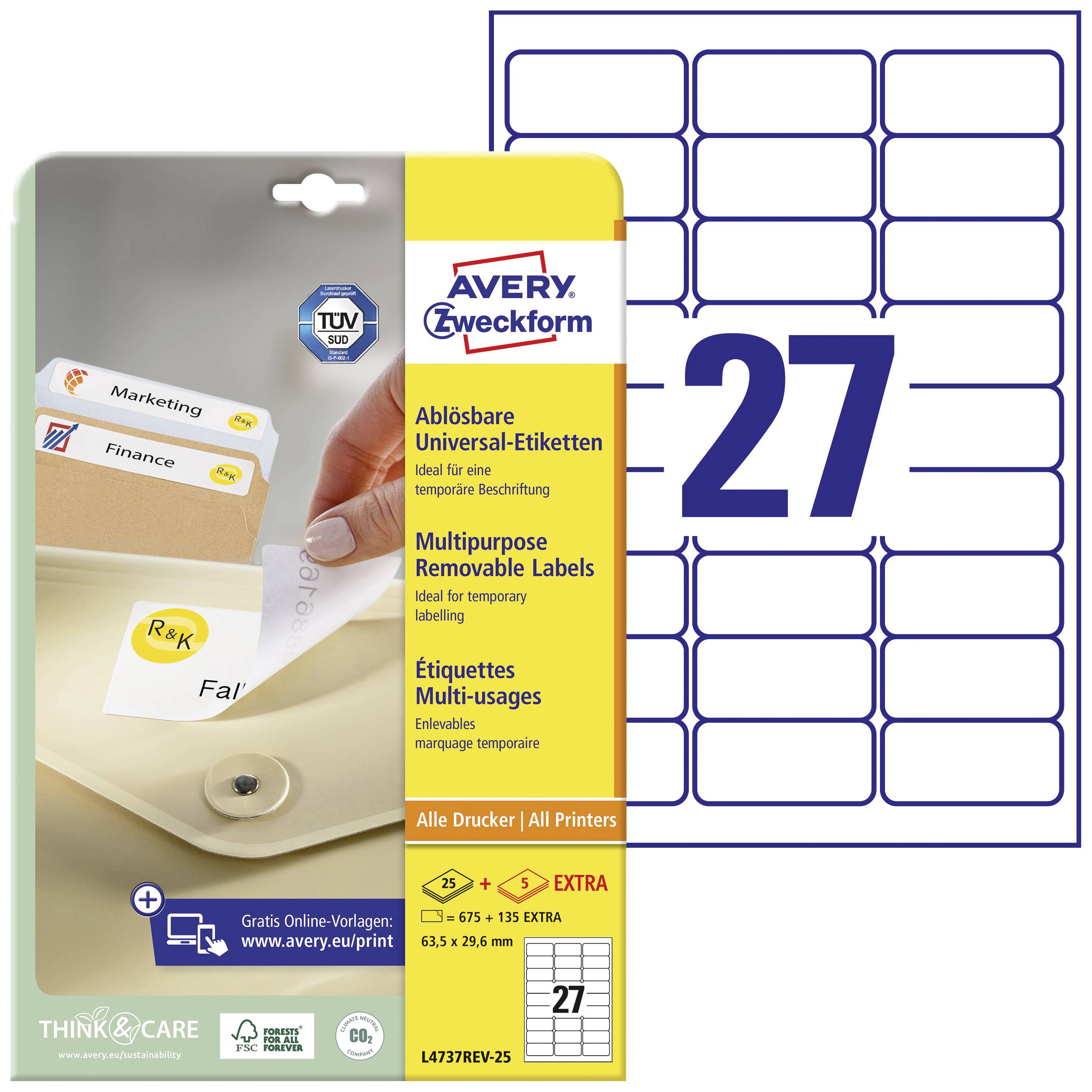 Packung Avery Zweckform ablösbare Universal-Etiketten, 27 Etiketten pro Blatt, ideal für vorübergehende Beschriftungen.