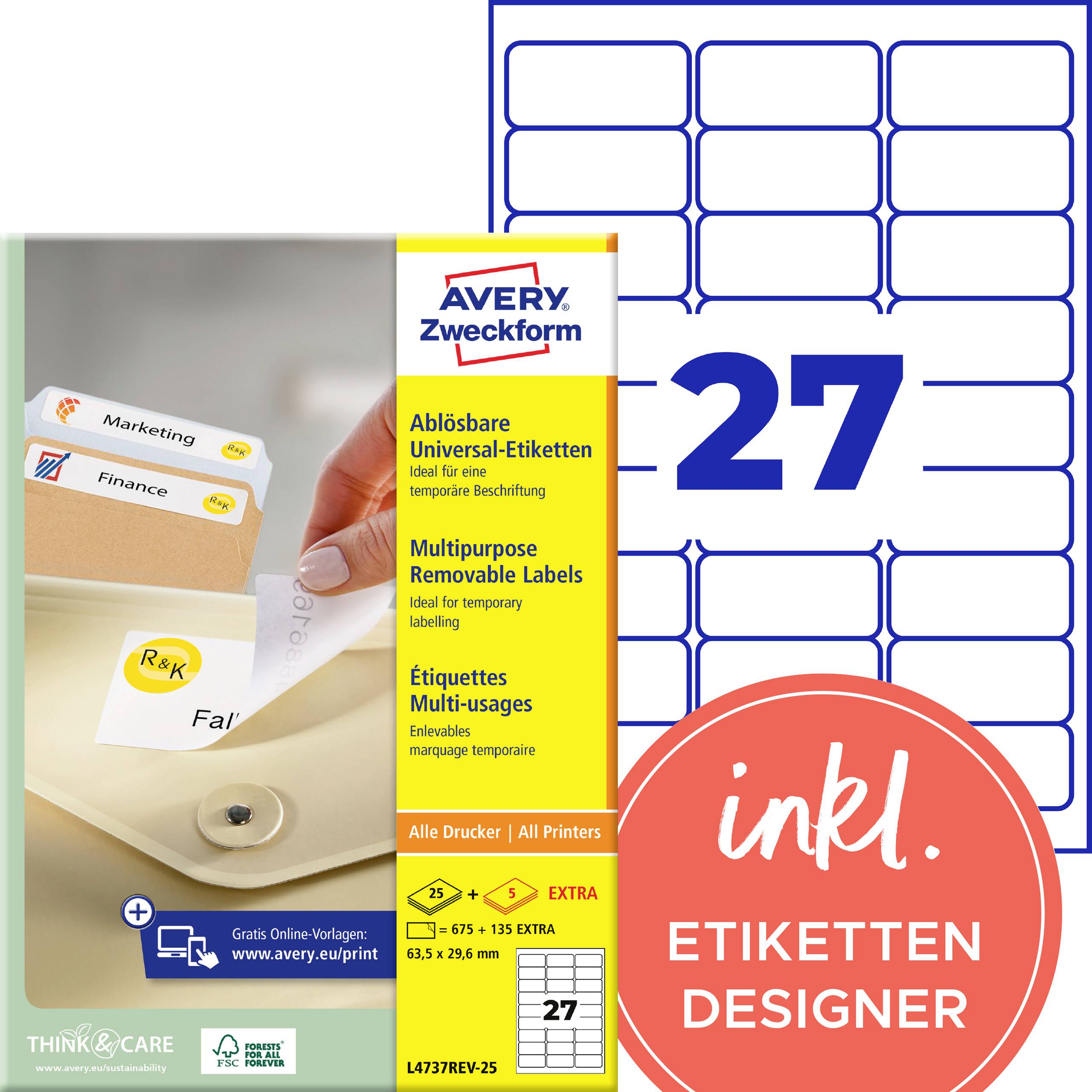 Avery Zweckform Etikettenpacks mit 27 abnehmbaren Mehrzwecketiketten, mit Etikettdesigner enthalten und einer Vorschau von Etikettblättern und Dokumentenmappen.