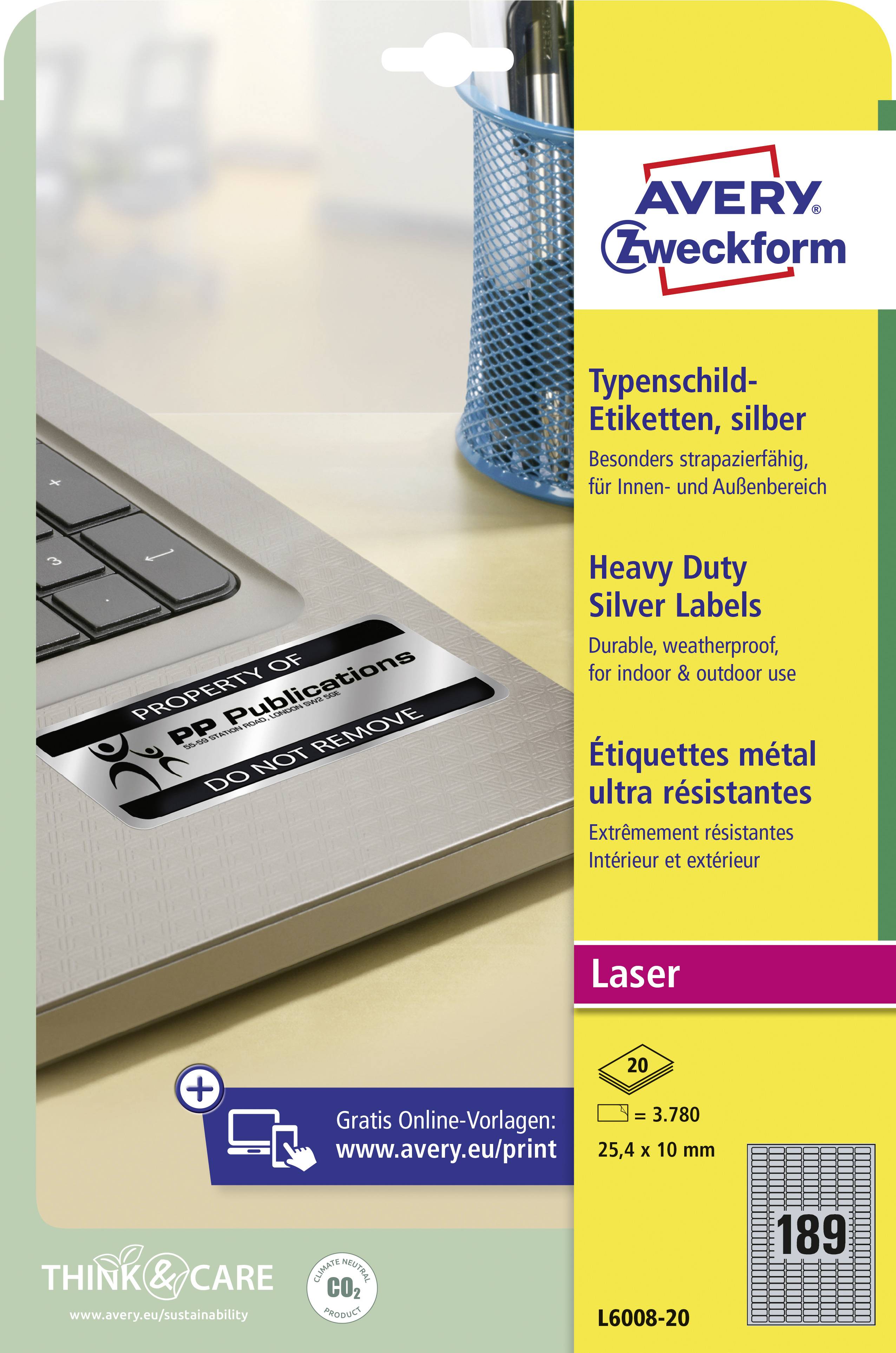 Laptop mit silbernem Typenschild 'PROPERTY OF PP Publicaciones DO NOT REMOVE'. Avery Zweckform Etiketten-Werbung.