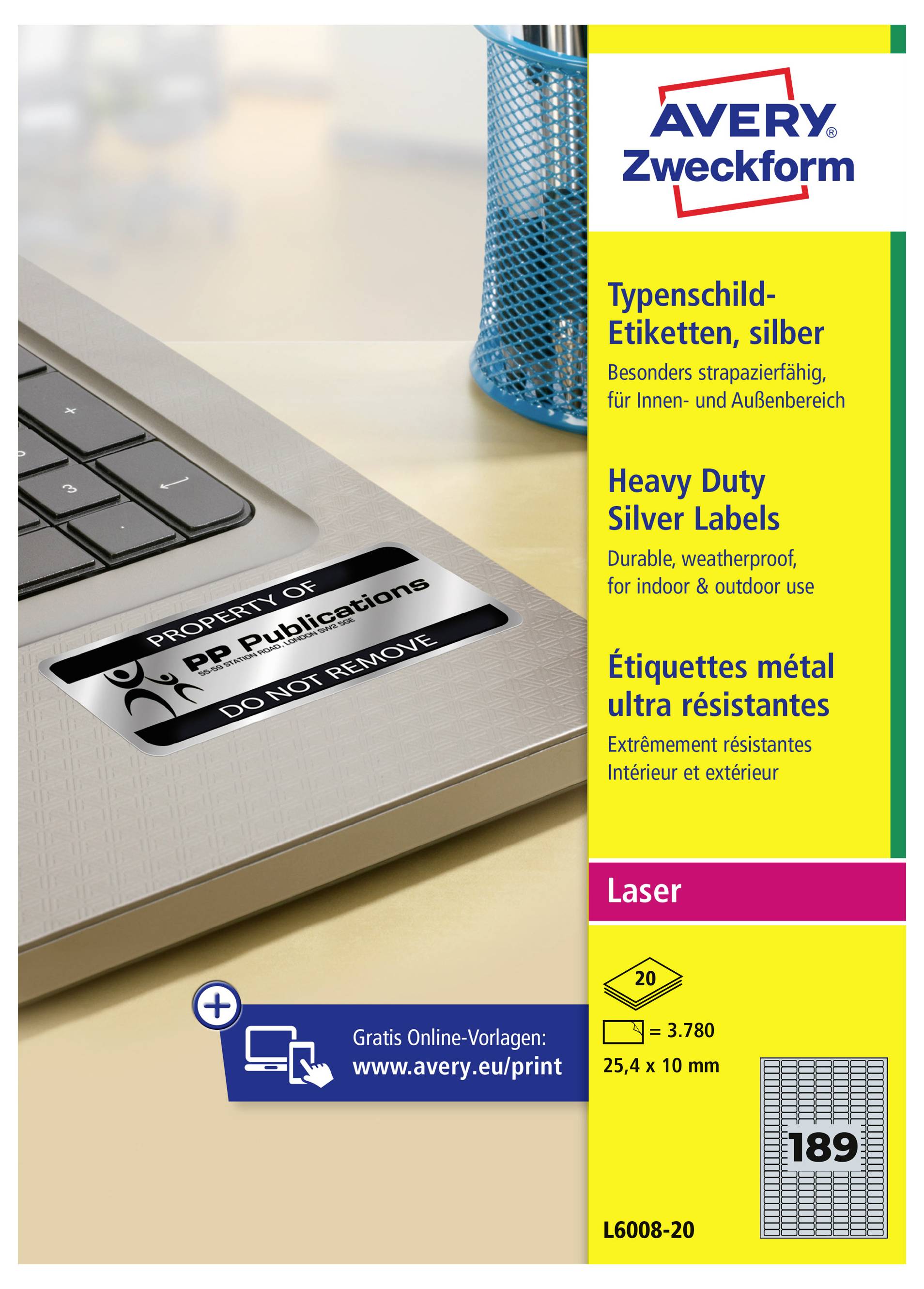 Avery Zweckform Silber-Etiketten-Paket neben einem Laptop mit einem silbernen Etikett 