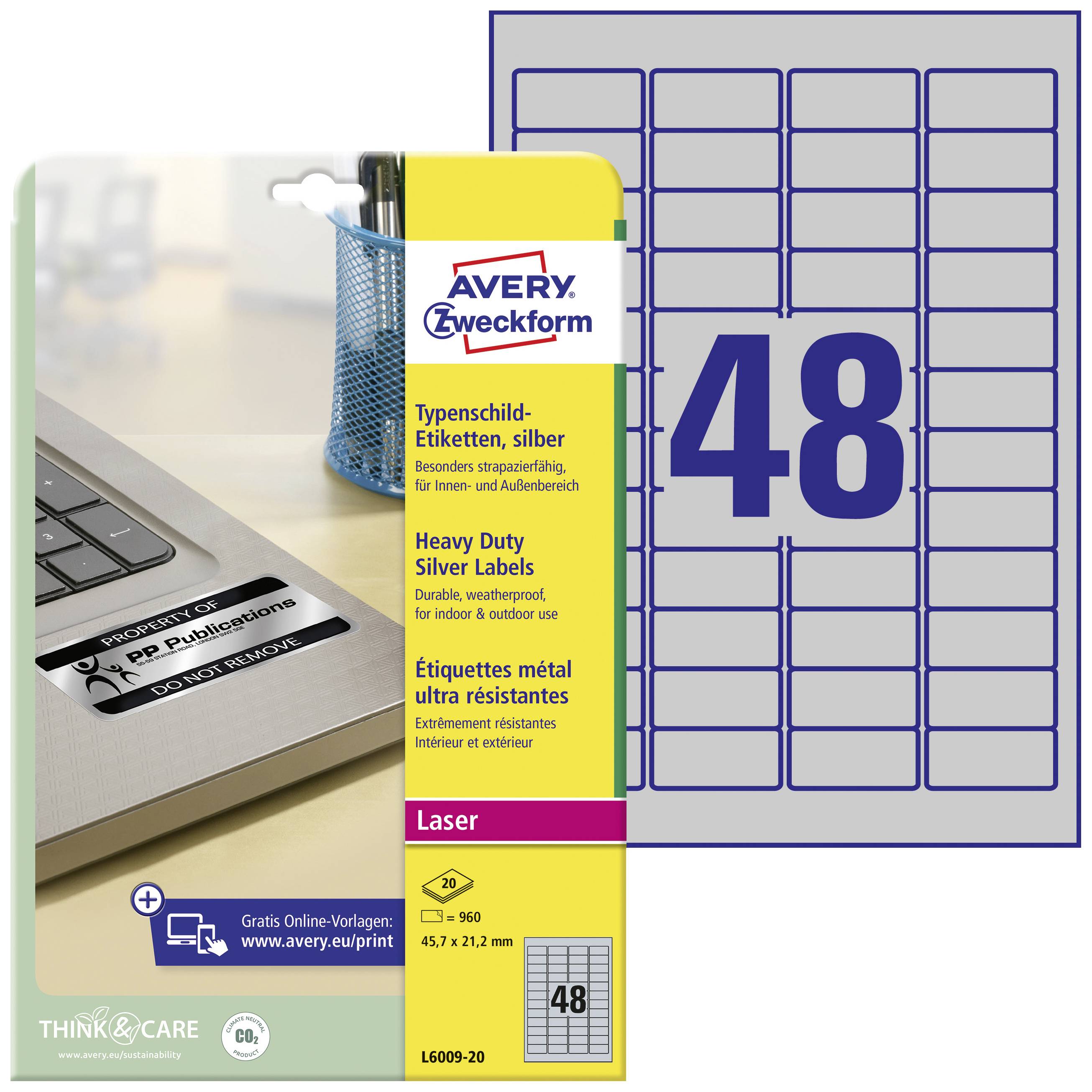 Etiketten-Set Avery Zweckform mit 48 silbernen, strapazierfähigen Etiketten pro Bogen, geeignet für Innen- und Außenbereich.