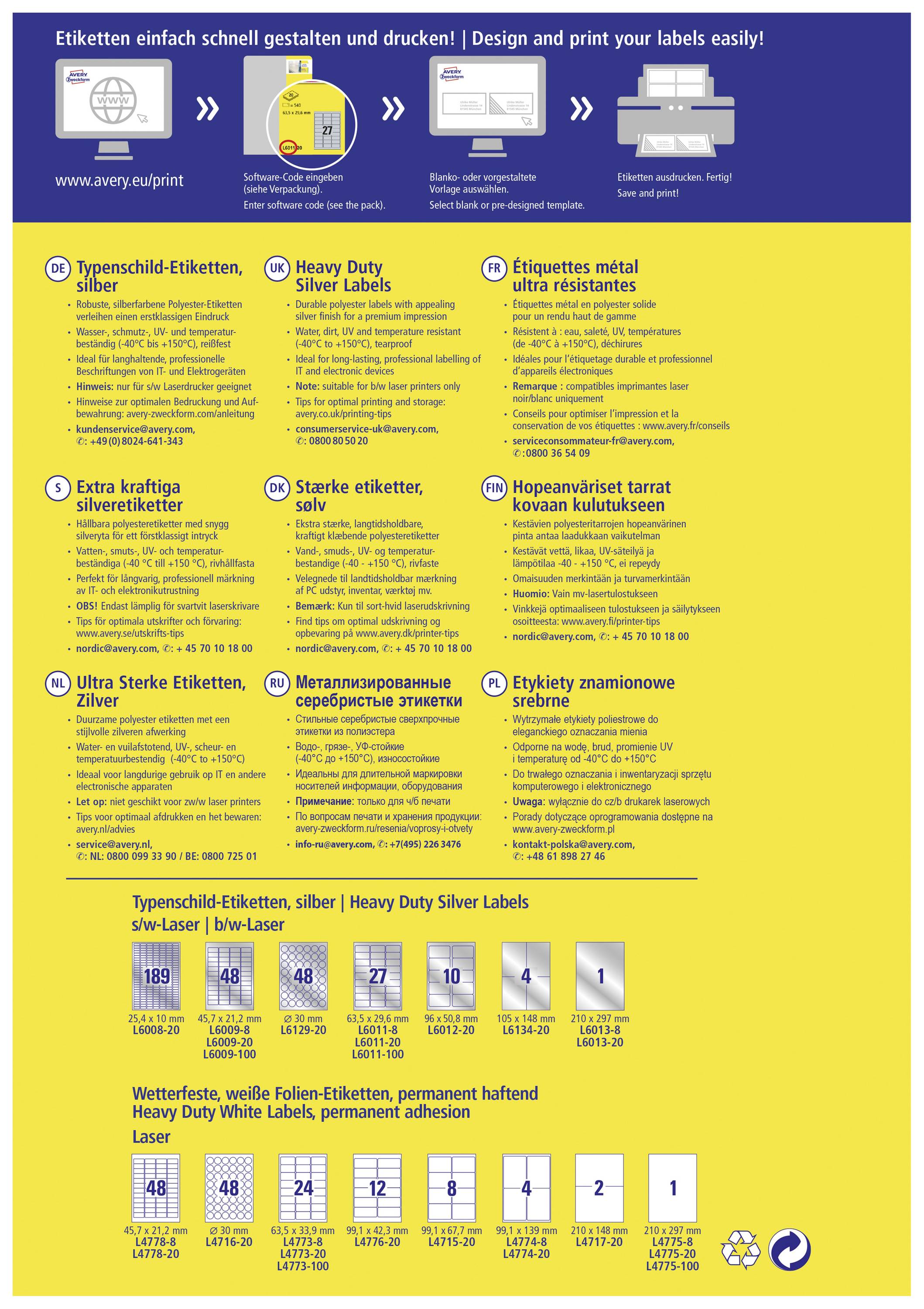 Avery-Zweckform L6012-20 Typenschild-Etiketten 96 x 50.8mm Polyester-Folie Silber 200 St. Permanent haftend Laserdrucker