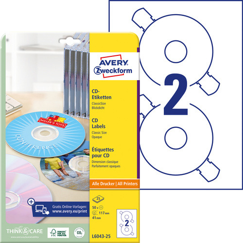 Avery-Zweckform CD-Etiketten L6043-25 Ø 117mm Papier Weiß 50 St. Permanent Blickdicht Tinte, Laser