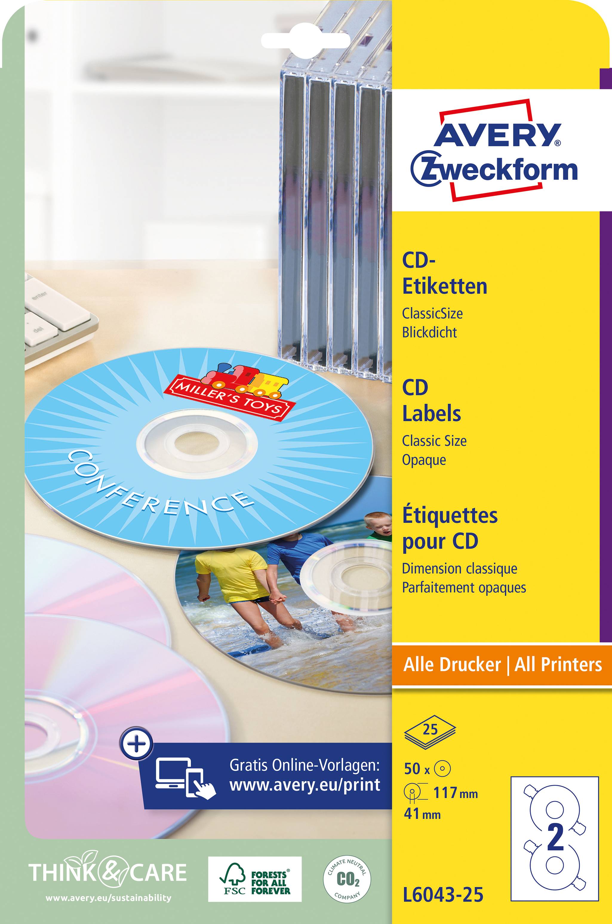 Avery-Zweckform CD-Etiketten L6043-25 Ø 117mm Papier Weiß 50 St. Permanent Blickdicht Tinte, Laser