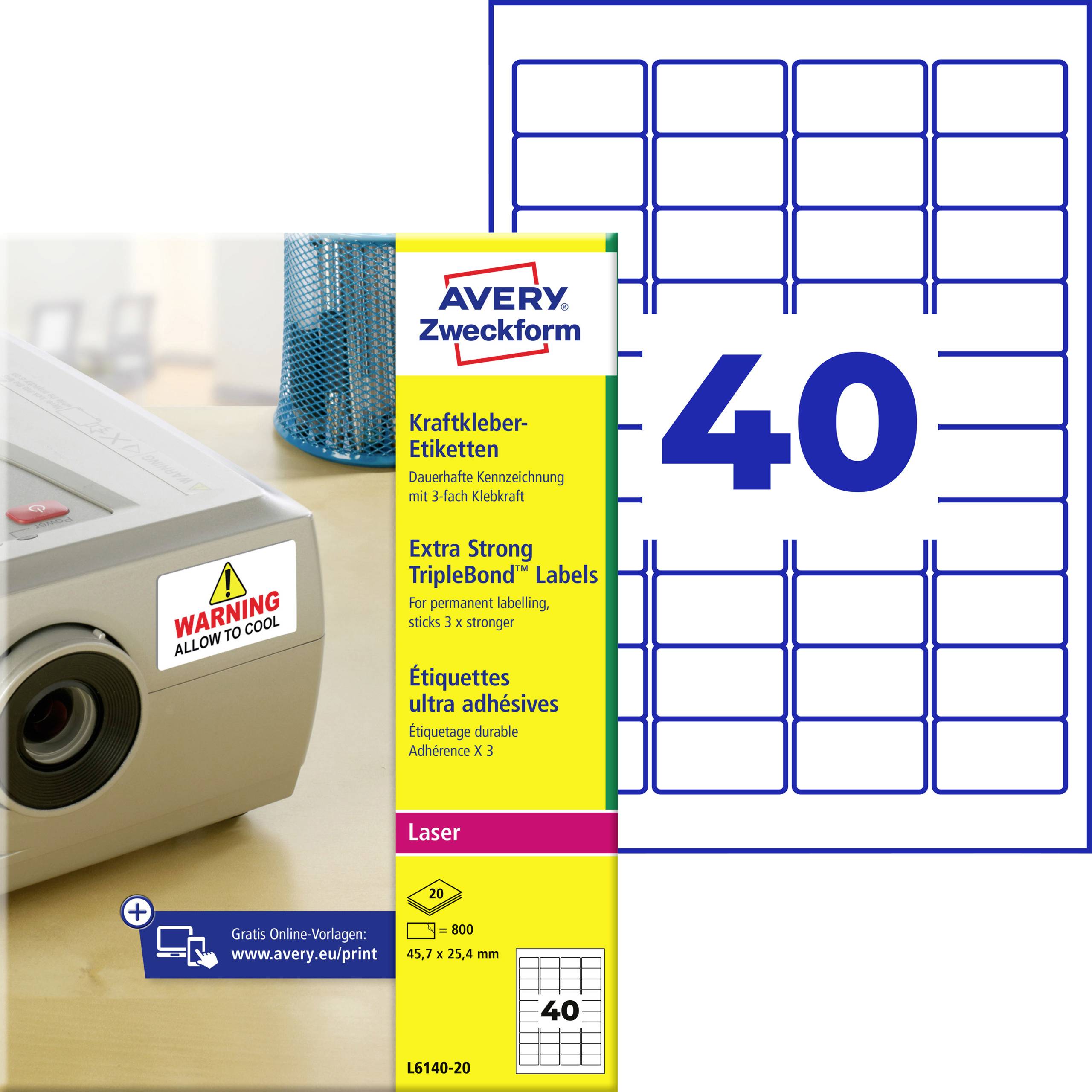 Avery Zweckform Paket für Laser-Etiketten '40', zeigt ein Blatt mit 40 Etiketten und einen Drucker mit einem Warnaufkleber.