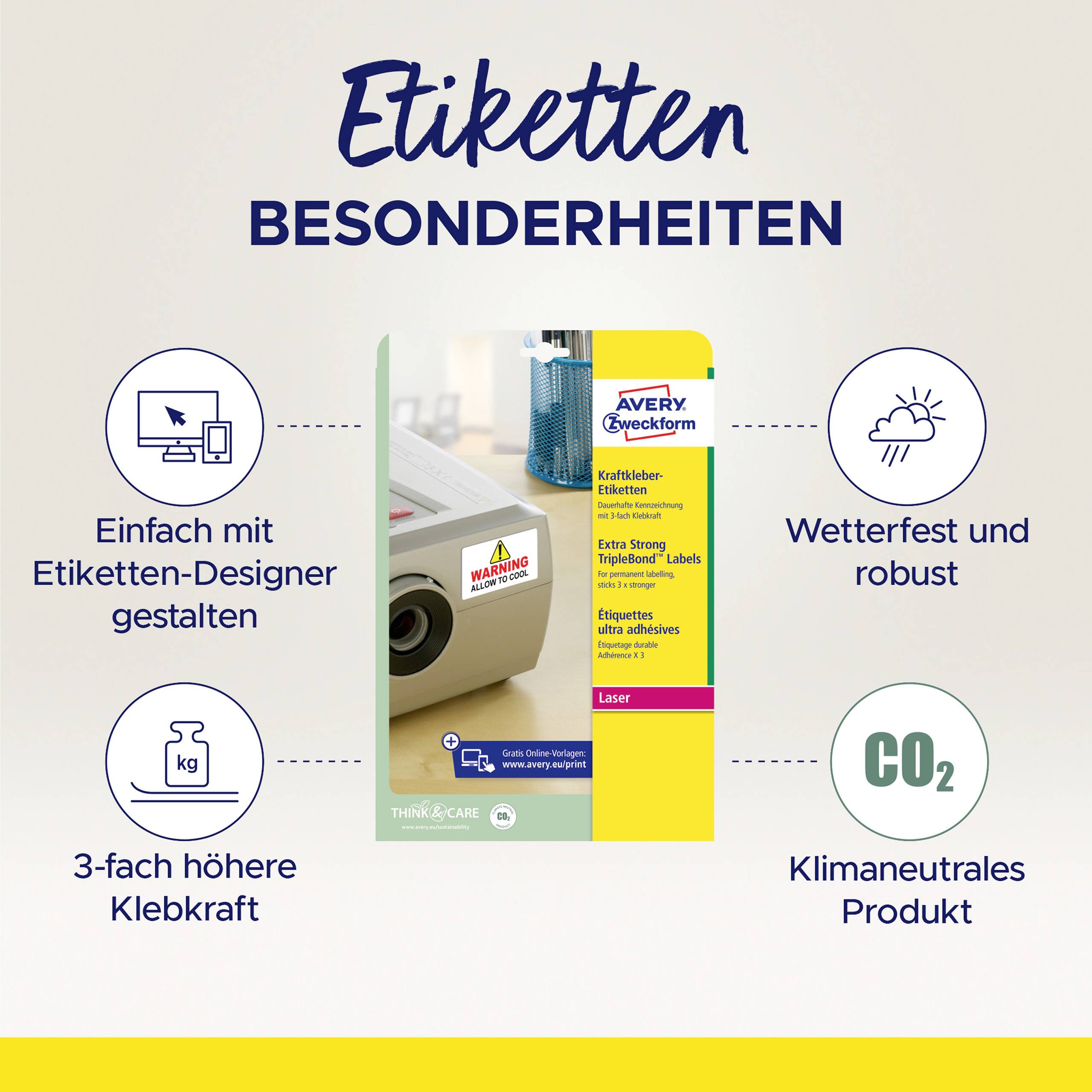 Etiketten mit besonderen Merkmalen: Wetterfest, robust, klimaneutral, dreifach klebfähiger und einfach gestaltbar.