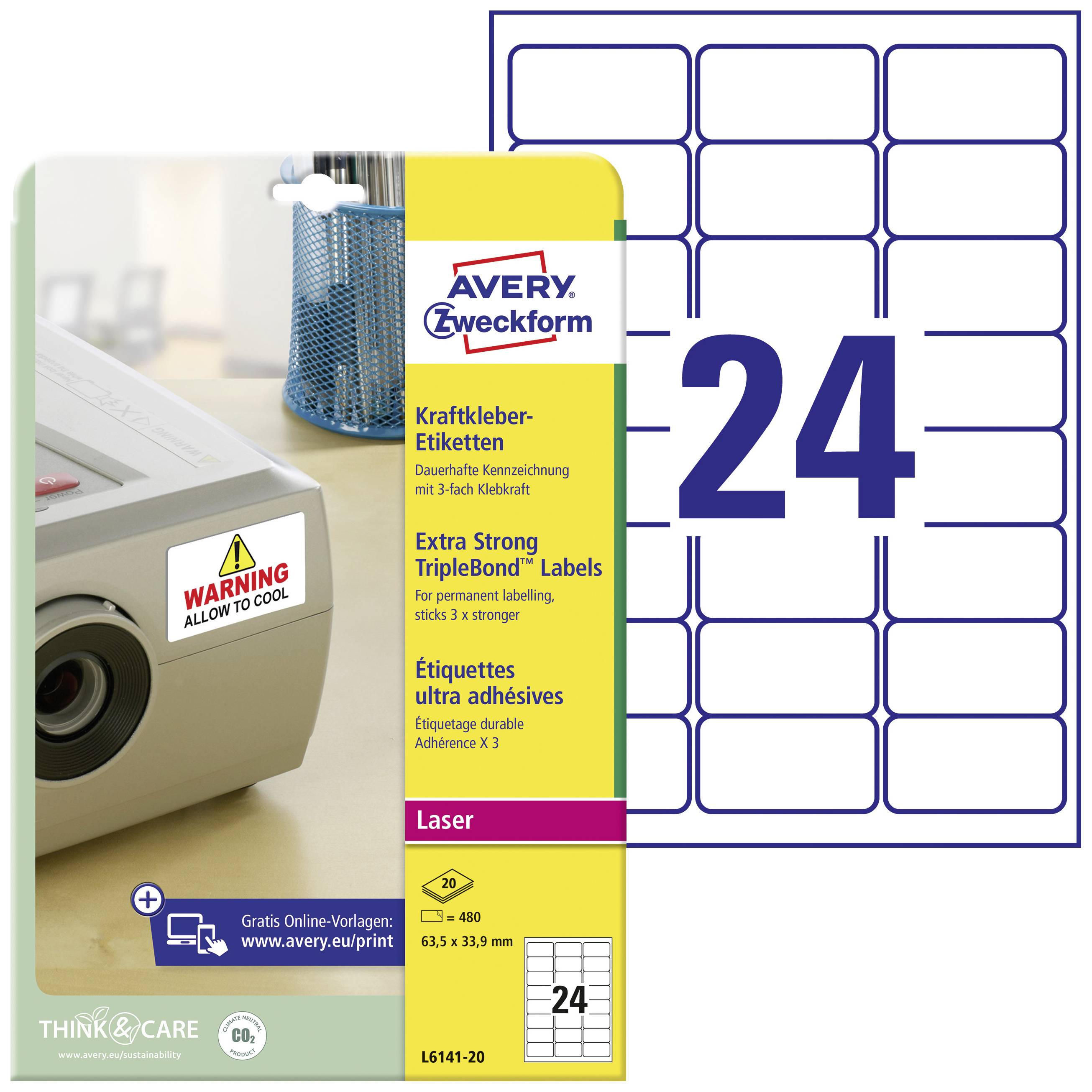 'AVERY Zweckform' Etikettenpackung mit 24 laserbedruckbaren Etiketten, Artikelnummer L6141-20. Enthält besonders starke Klebeeigenschaften.
