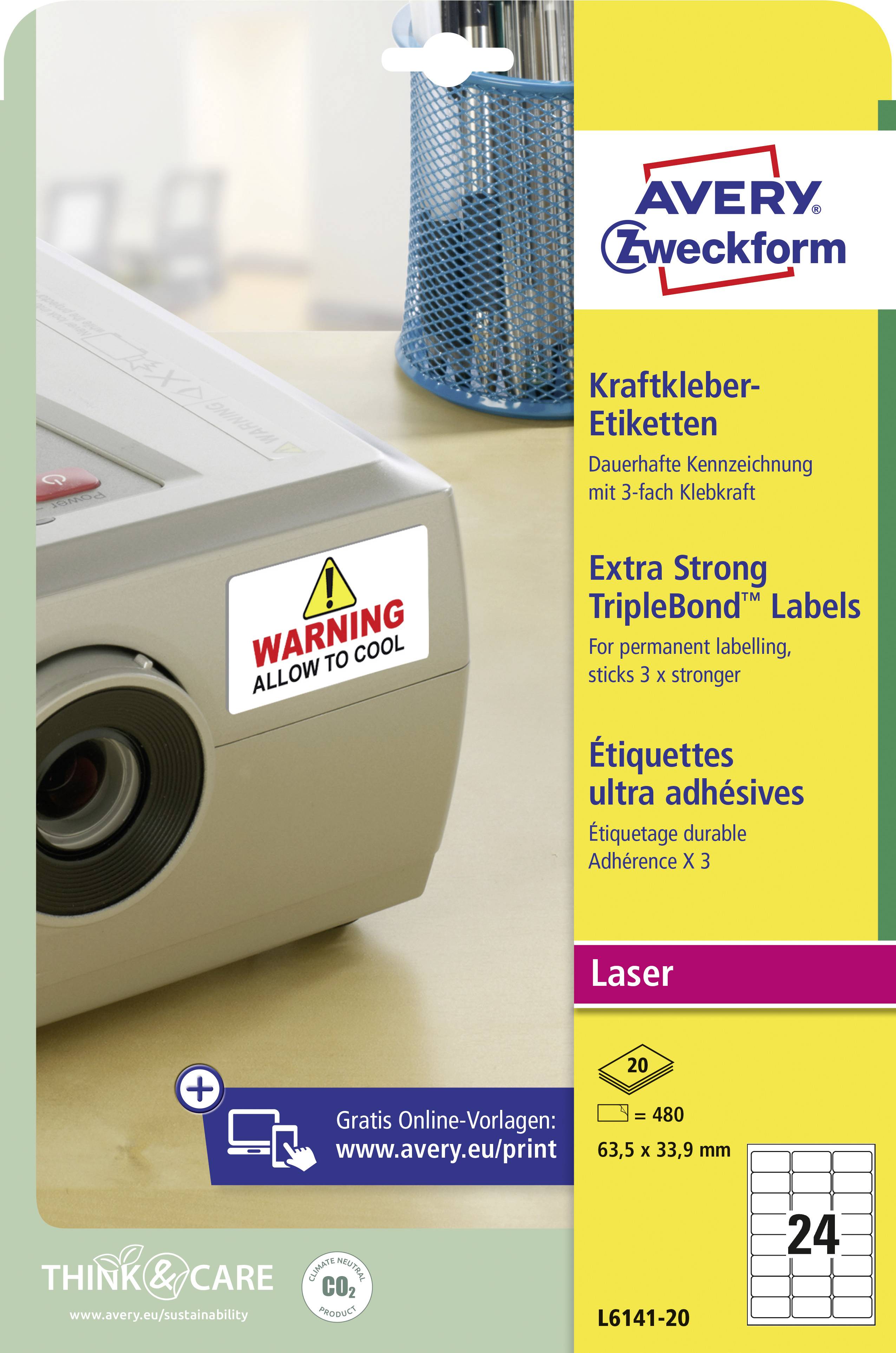 Etiketten von Avery Zweckform, geeignet für Laser, mit starker Haftung und Warnetikett-Aufdruck. 24 Etiketten pro Packung.