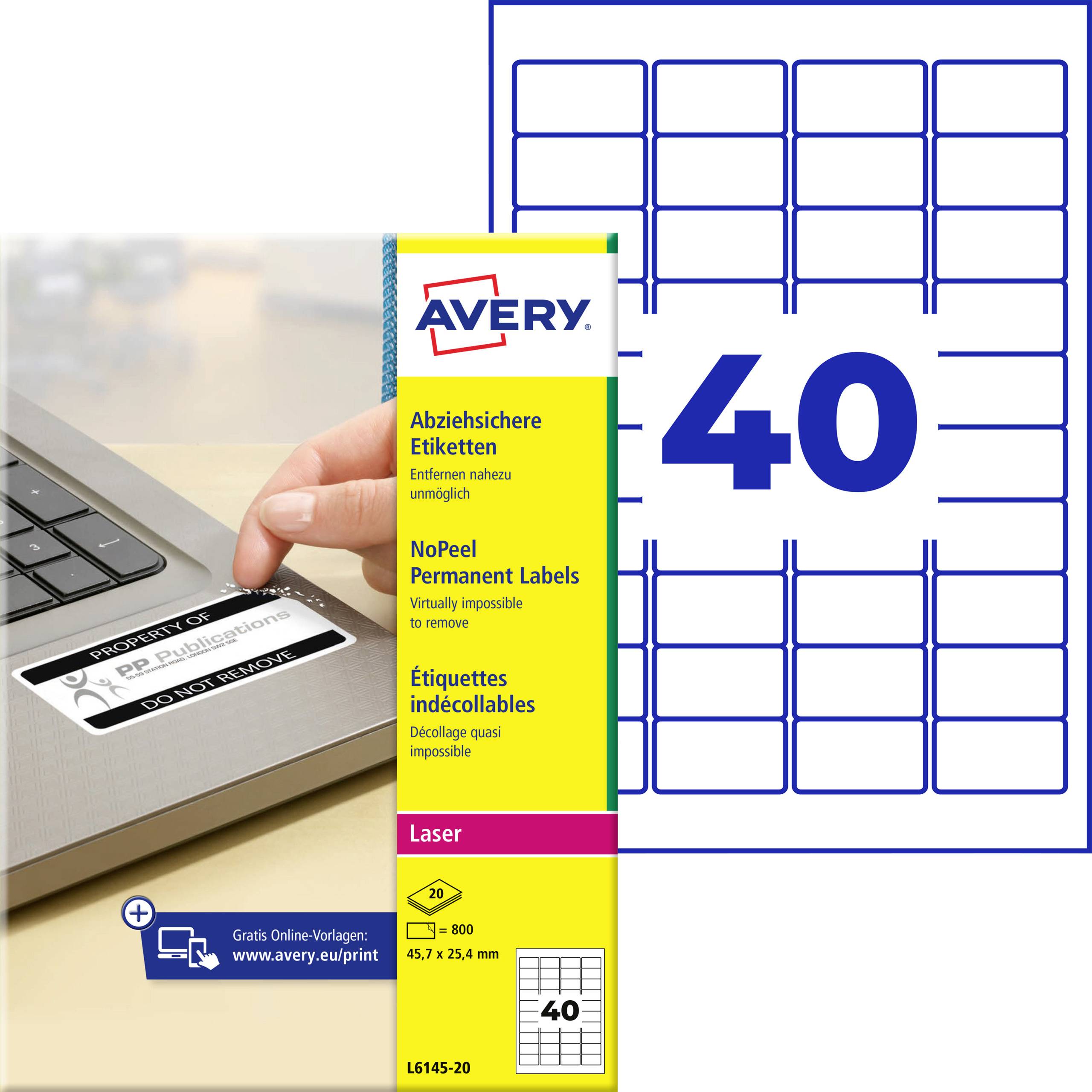 Avery Etikettenpacking aus Daueraufklebern, neben einem Laptop-Aufkleber gezeigt, der abgelöst wird, mit großem Bogenlayout und „40" für 40 Etiketten.