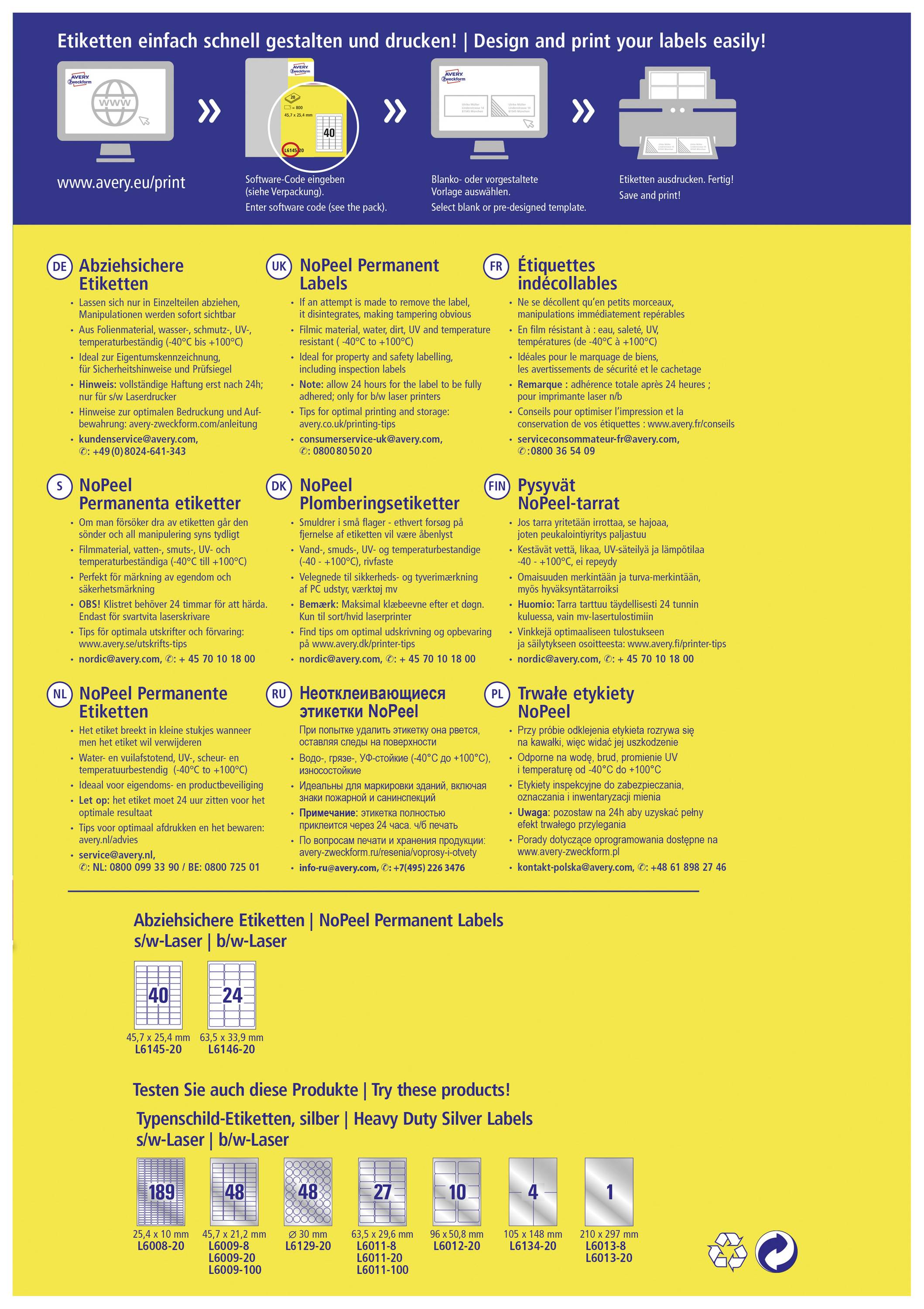 Avery-Zweckform L6145-20 Sicherheits-Etiketten 45.7 x 25.4mm Polyester-Folie Weiß 800 St. Permanent haftend Laserdrucker
