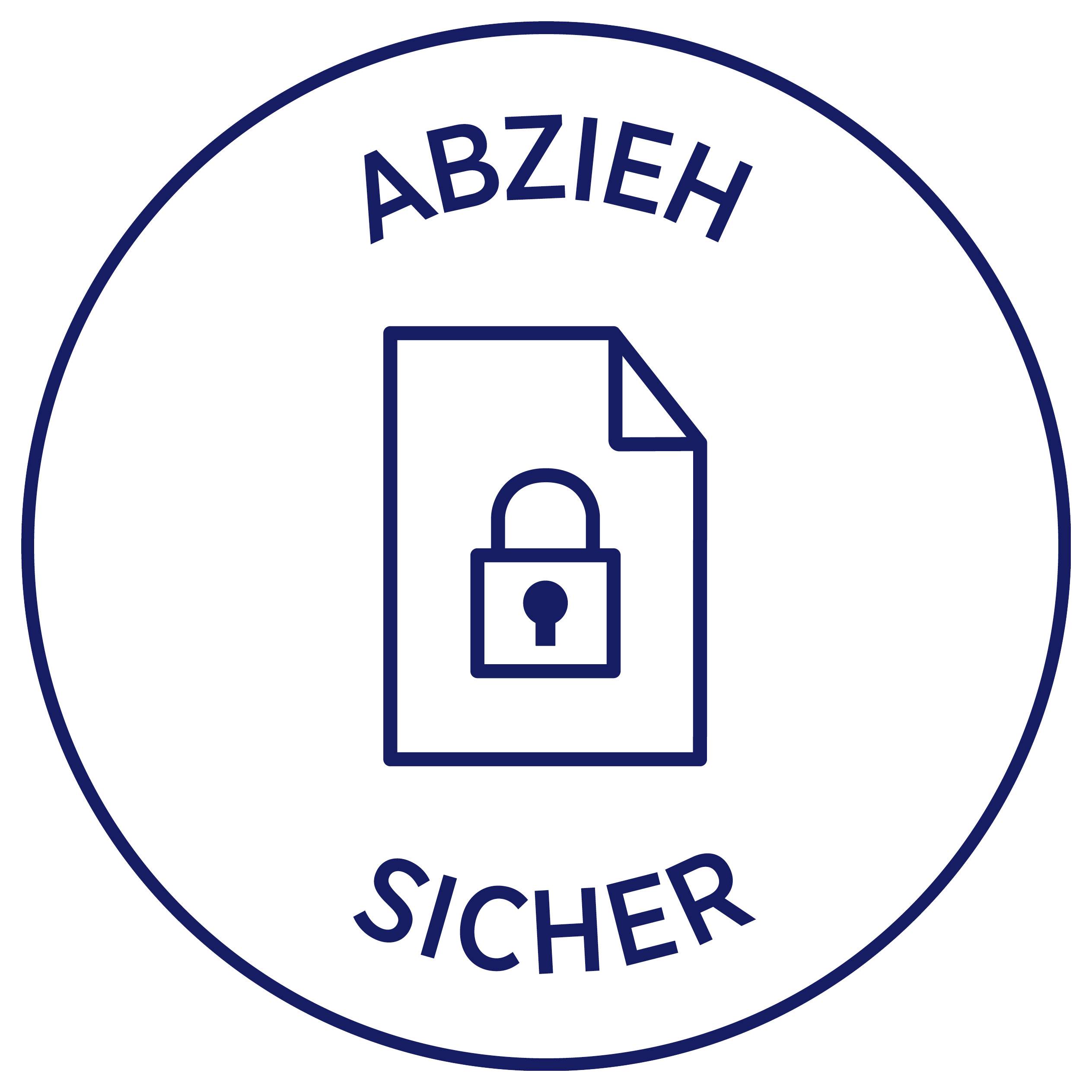 Siegel mit Dokument- und Schloss-Symbol und dem Text 'ABZIEH SICHER' als Hinweis auf manipulationssichere Sicherheit.
