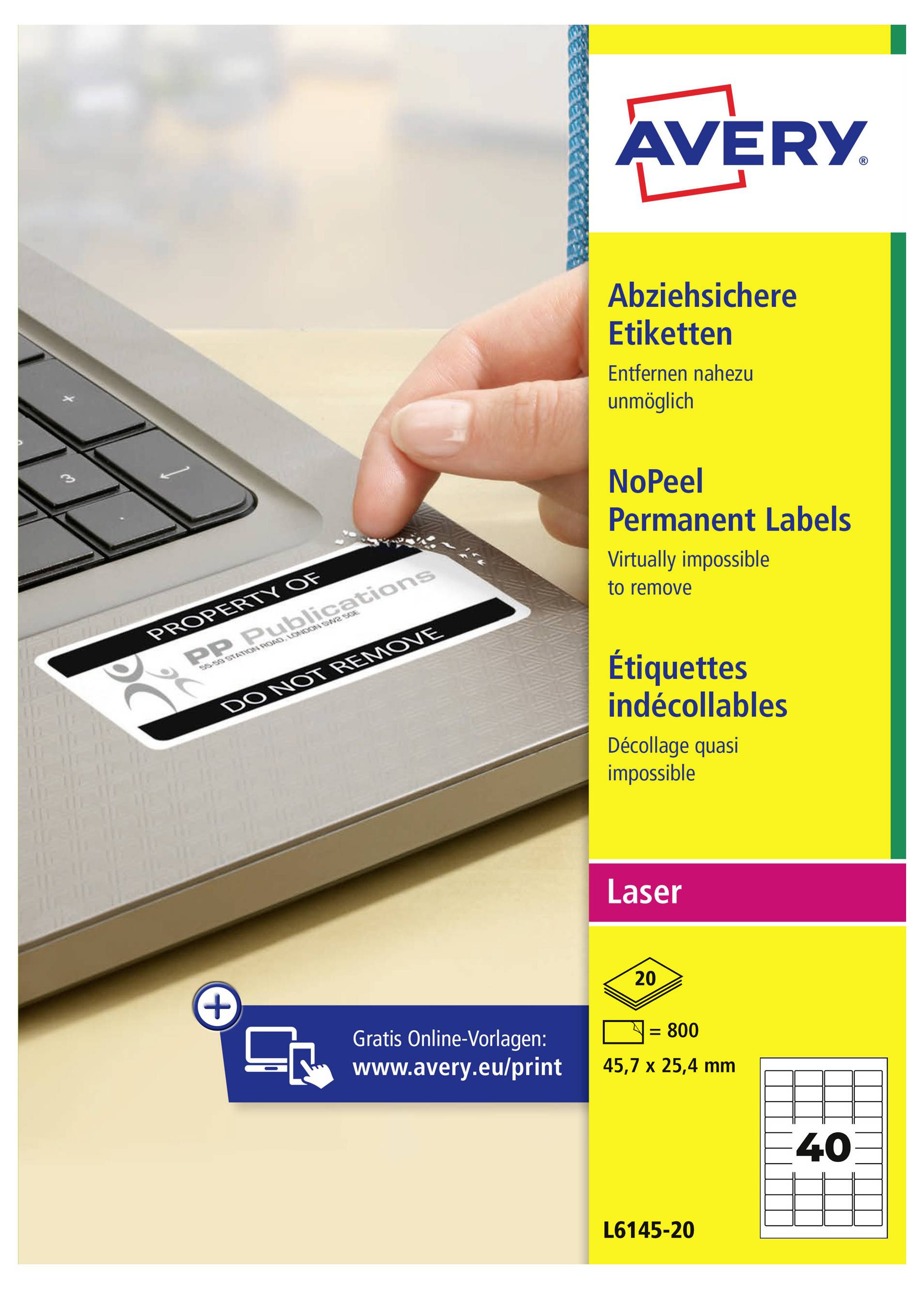 # Avery NoPeel permanente Etiketten auf einem Laptop, die einen Finger zeigen, der ein „EIGENTUM VON