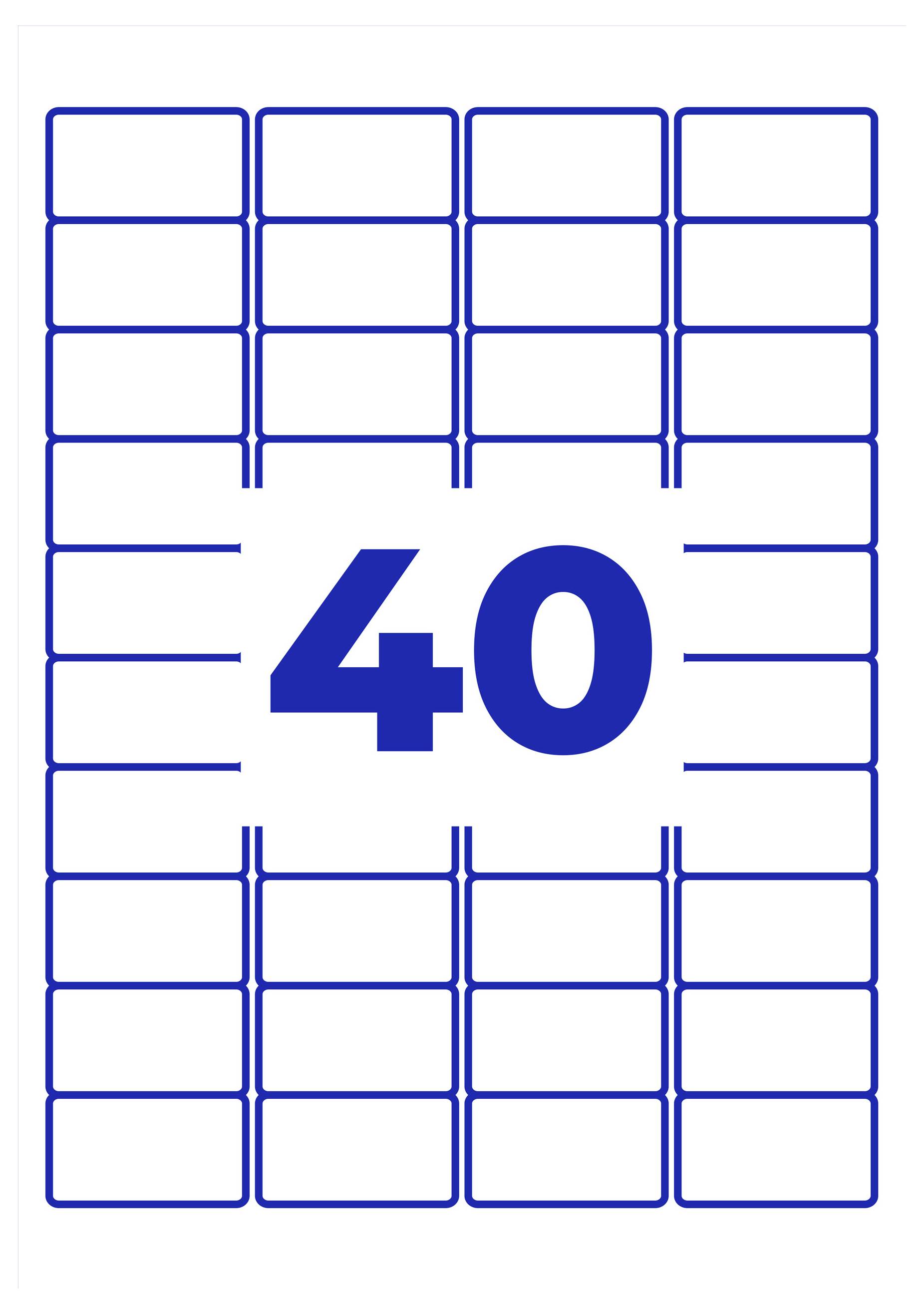 Weiße Etikettenvorlage mit 40 blauen, leeren Feldern in 4 Spalten; in der Mitte steht groß '40'.