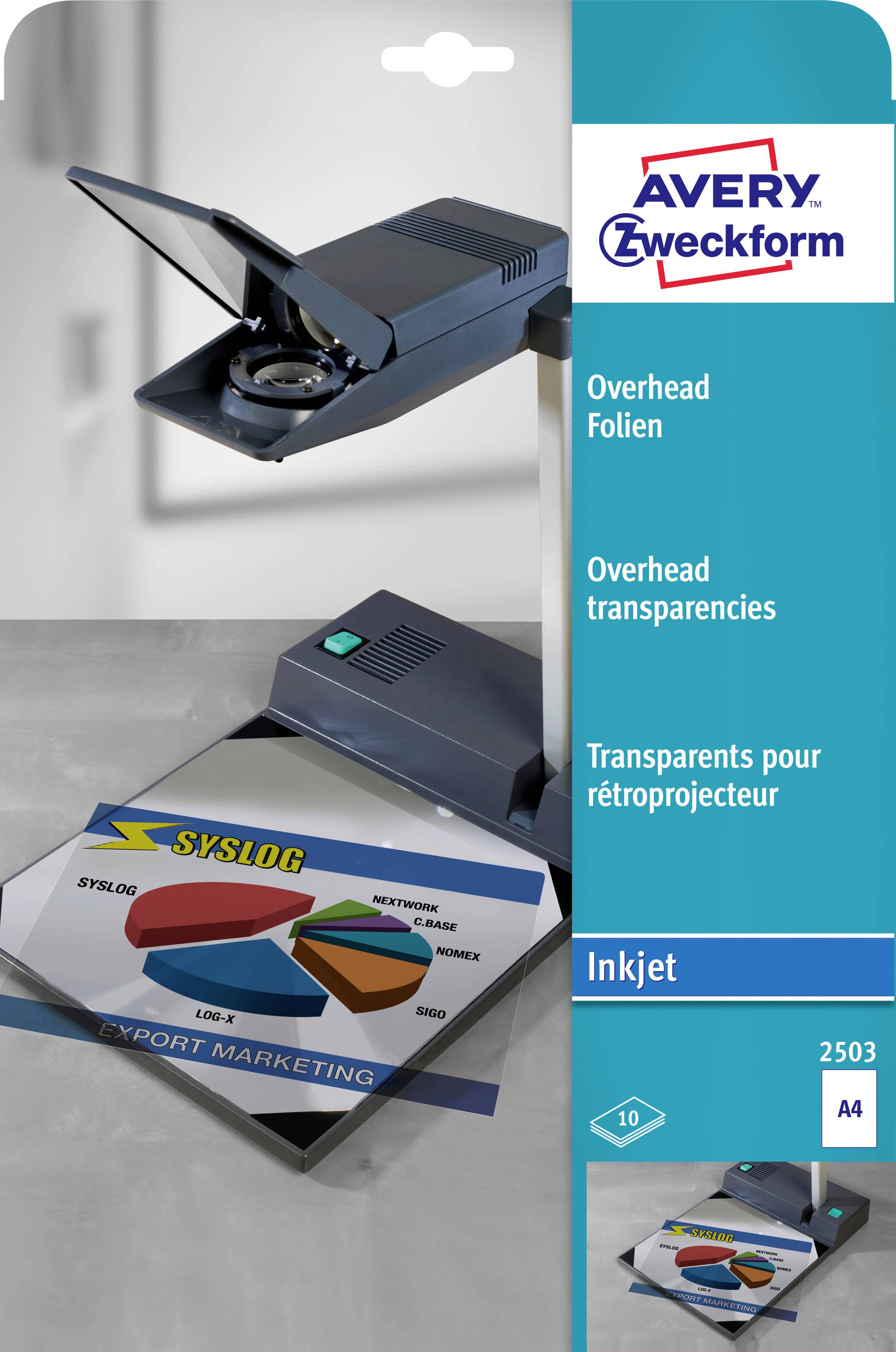 Produktpaket für Avery Zweckform Overhead-Folien für Tintenstrahldrucker, zeigt eine Transparenzfolie in einem Projektor und gedruckte Mustergrafik auf A4-Blättern.