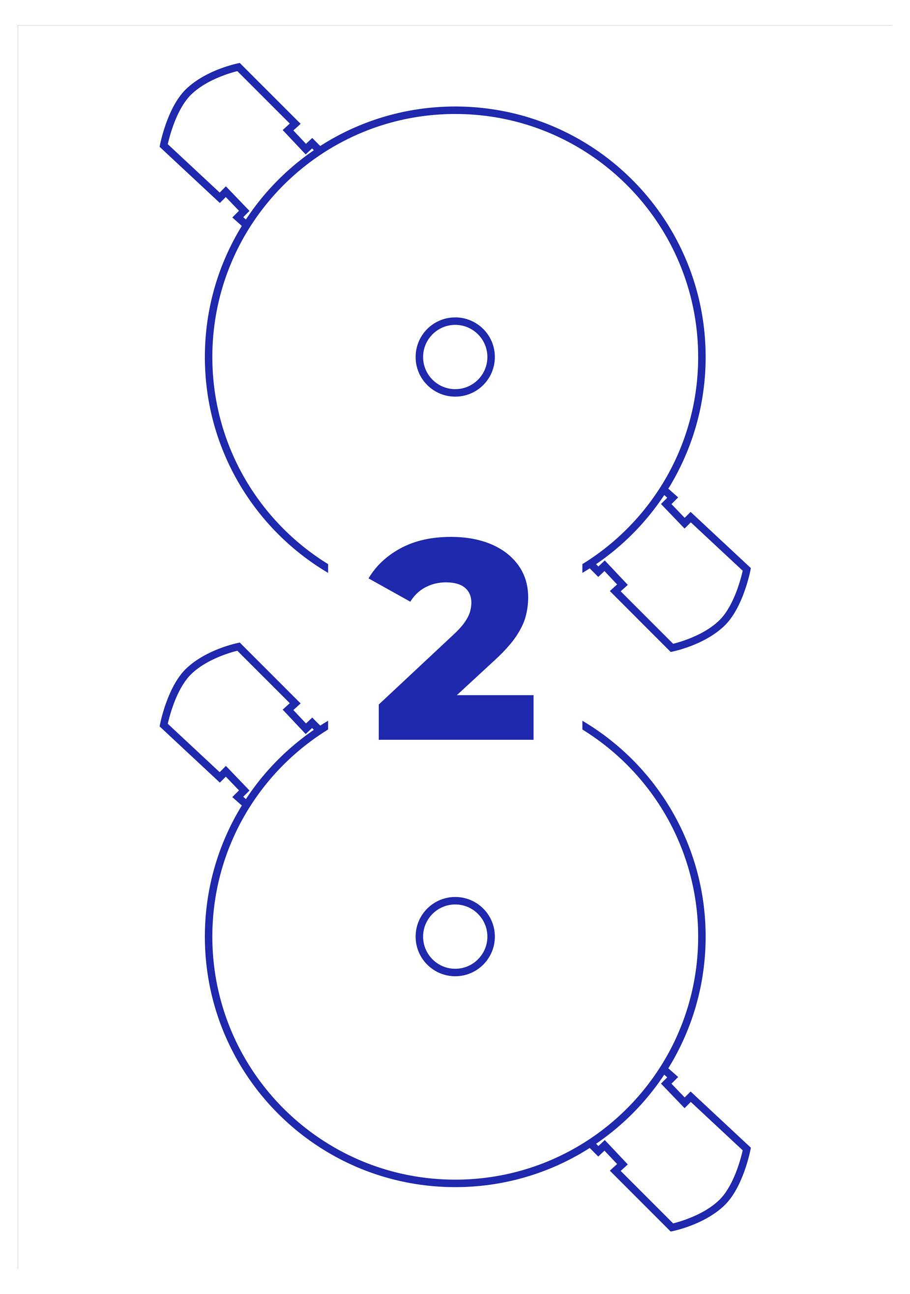Illustration zweier übereinanderliegender runder Scheiben mit Verbindern; dazwischen steht die Zahl „2“ in Blau.
