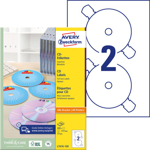Avery-Zweckform CD-Etiketten L7676-100 Ø 117mm Papier Weiß 200 St. Permanent Blickdicht, Bis Kernloch bedruckbar Tinte, Laser