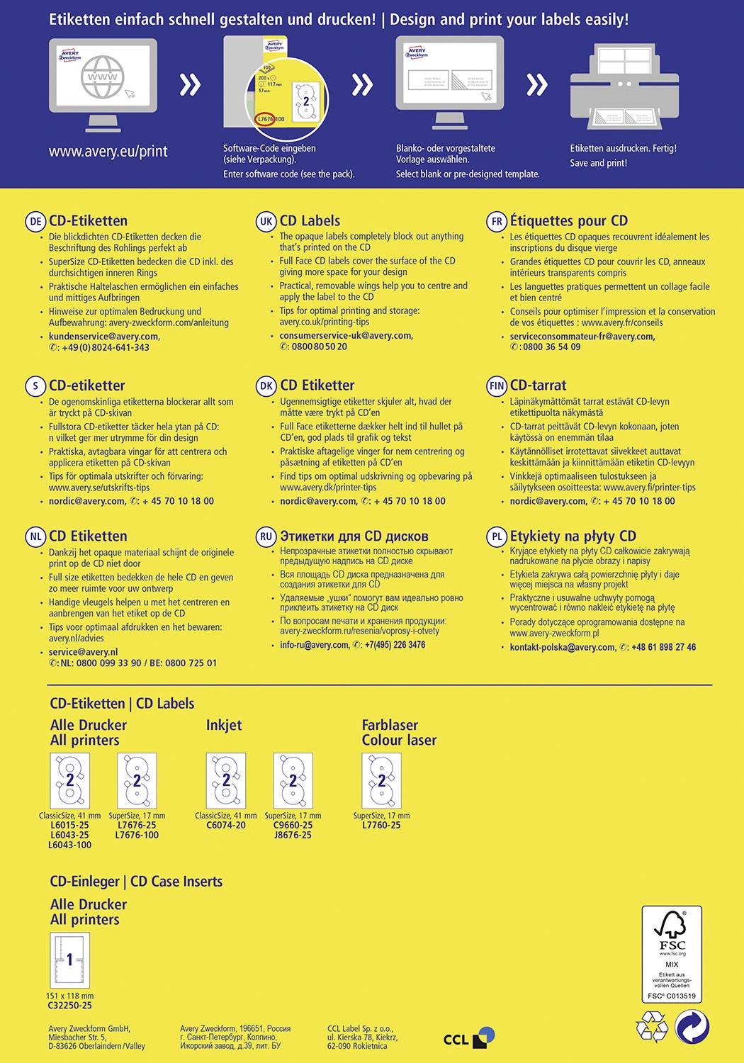 Avery-Zweckform CD-Etiketten L7676-100 Ø 117mm Papier Weiß 200 St. Permanent Blickdicht, Bis Kernloch bedruckbar Tinte, Laser