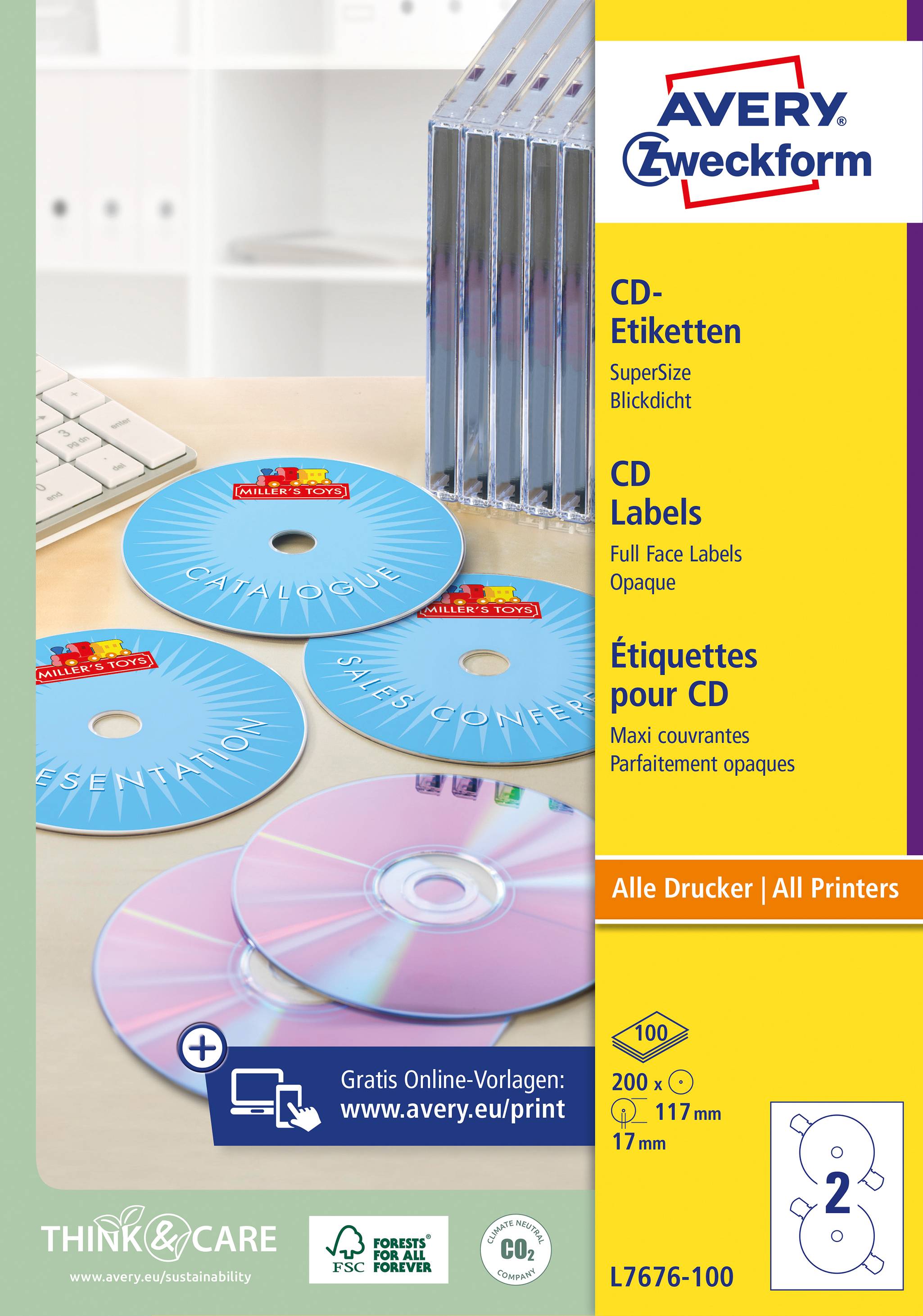 Avery-Zweckform CD-Etiketten L7676-100 Ø 117mm Papier Weiß 200 St. Permanent Blickdicht, Bis Kernloch bedruckbar Tinte, Laser